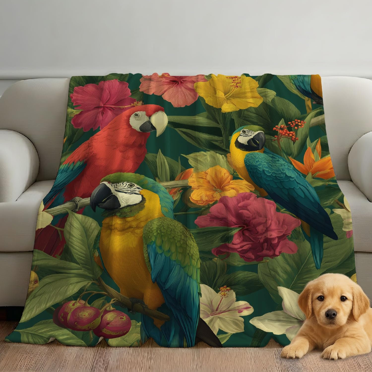 Couverture Polaire Plaid Super Douce Pelucheuse Épaisse et Élégante, Tropical Perroquets Et Fleurs Vibrant Couverture Shaggy Léger et Moelleux pour Lit Canapé Fauteuil - Vert Sauge 220 x 270 cm