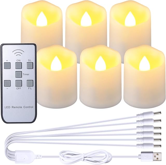 Ymenow Rechargeable Tea Lights with Remote, 6pcs USB Charging Flameless Flickering Battery Tealights Candles with Timer Cable for Home Thanksgiving Christmas Decorations