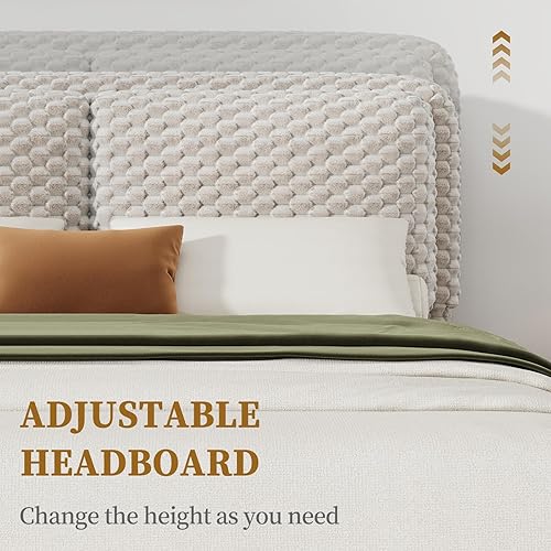 Miniatura 5 de Base de cama Queen con cabecero, plataforma tapizada de pana tamaño Queen con cabecero, no necesita somier, fácil montaje, color crema