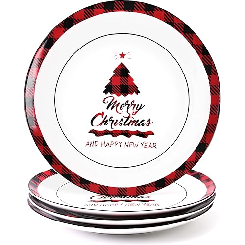 Maustic Merry Christmas Dinner Plates, Christmas Plates Set of 4, Ceramic Holiday Dinner Plates with Buffalo Plaid and Christmas Tree, Dinner, Dessert, Appetizer and Salad Plates, 10.5"
