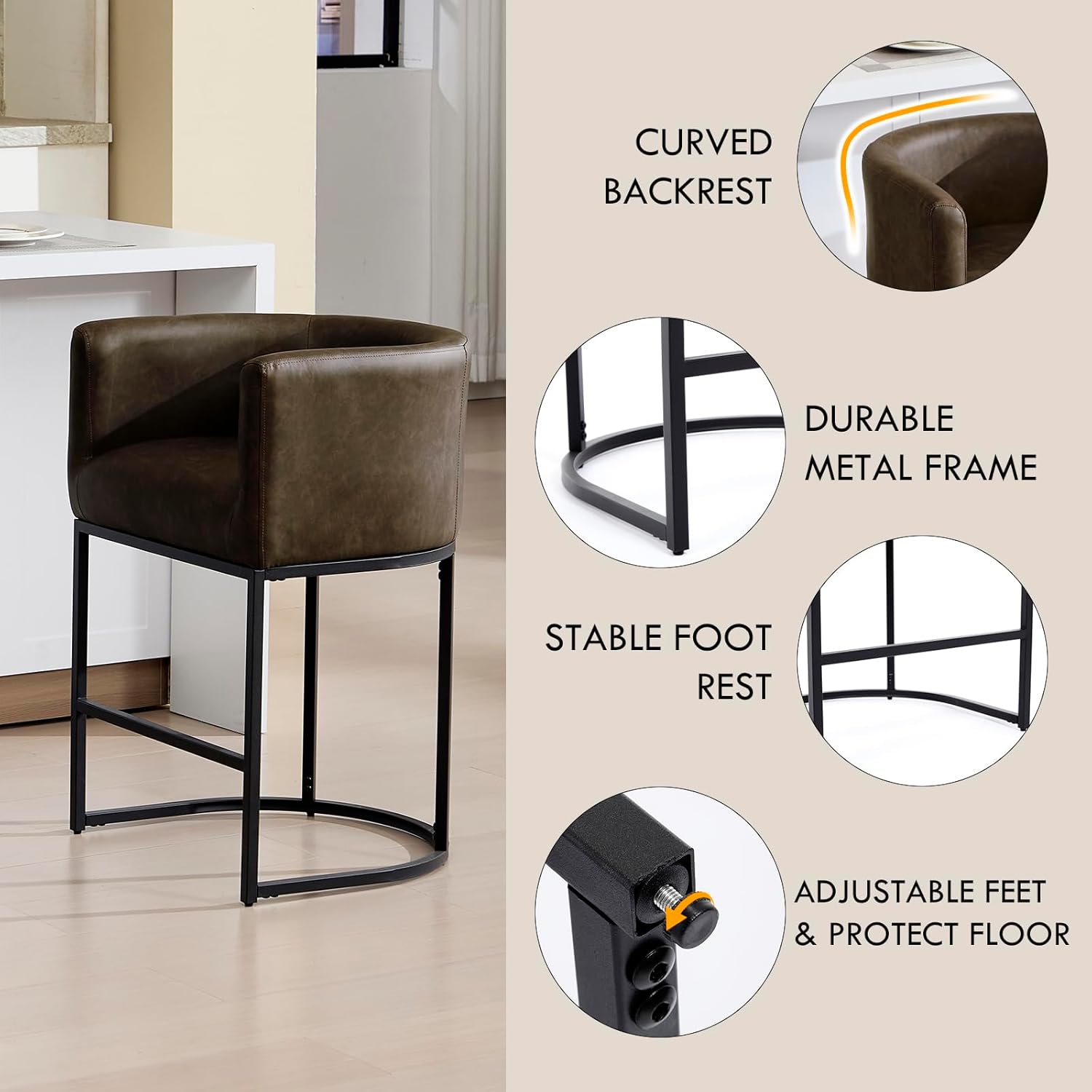 Counter Barstools Set of 2, 26”Modern PU Leather Kitchen Island Stool, Upholstered Bar Chair with Black Tubular Frame for Bar, Kitchen, Dining Room, Brown