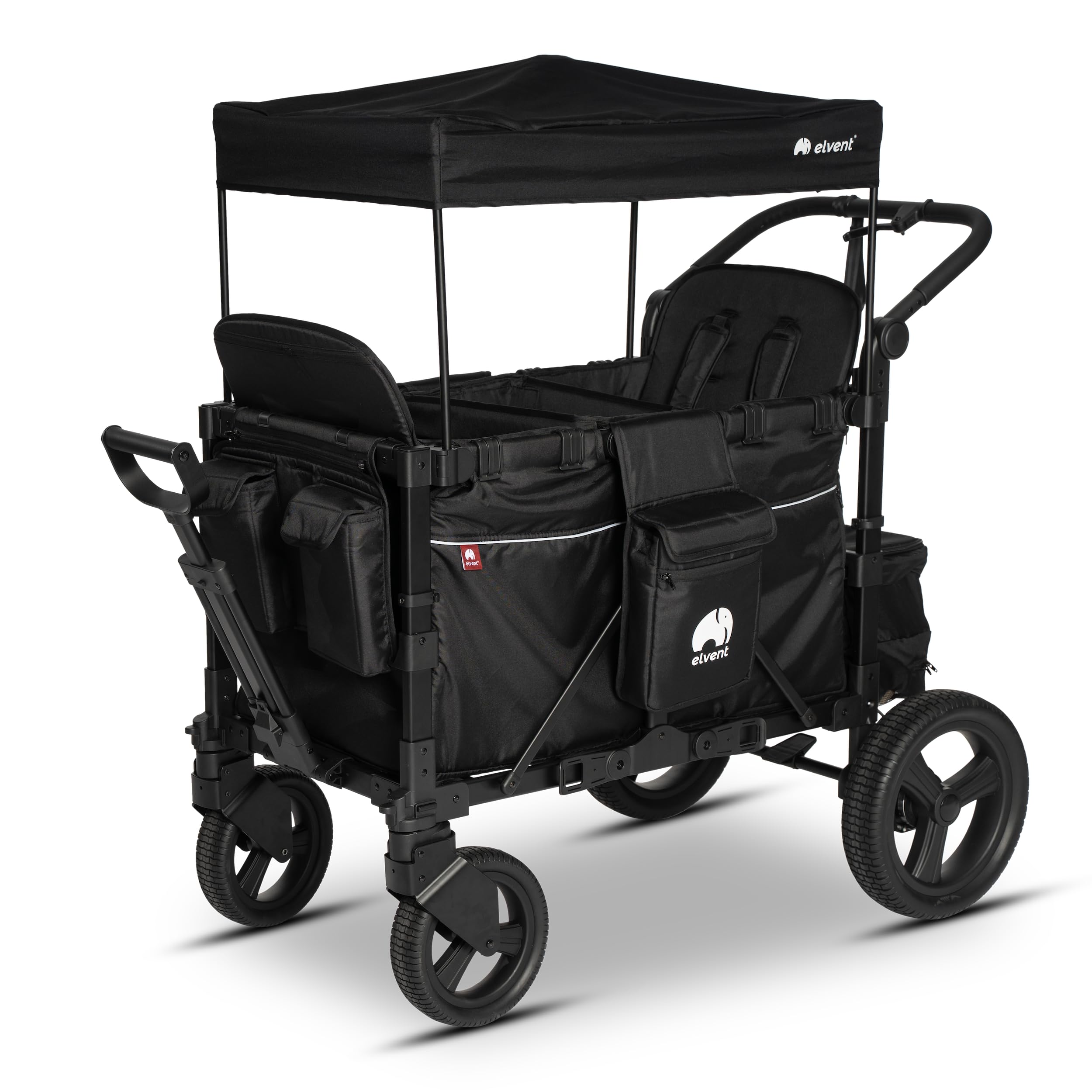 elvent® FlexProfessional 2 Bollerwagen | TÜV-Zertifiziert | Handwagen faltbar mit Dach, 5-Punkt-Gurt, Feststellbremse, 100 kg | Kita & Tagespflege (Schwarz)