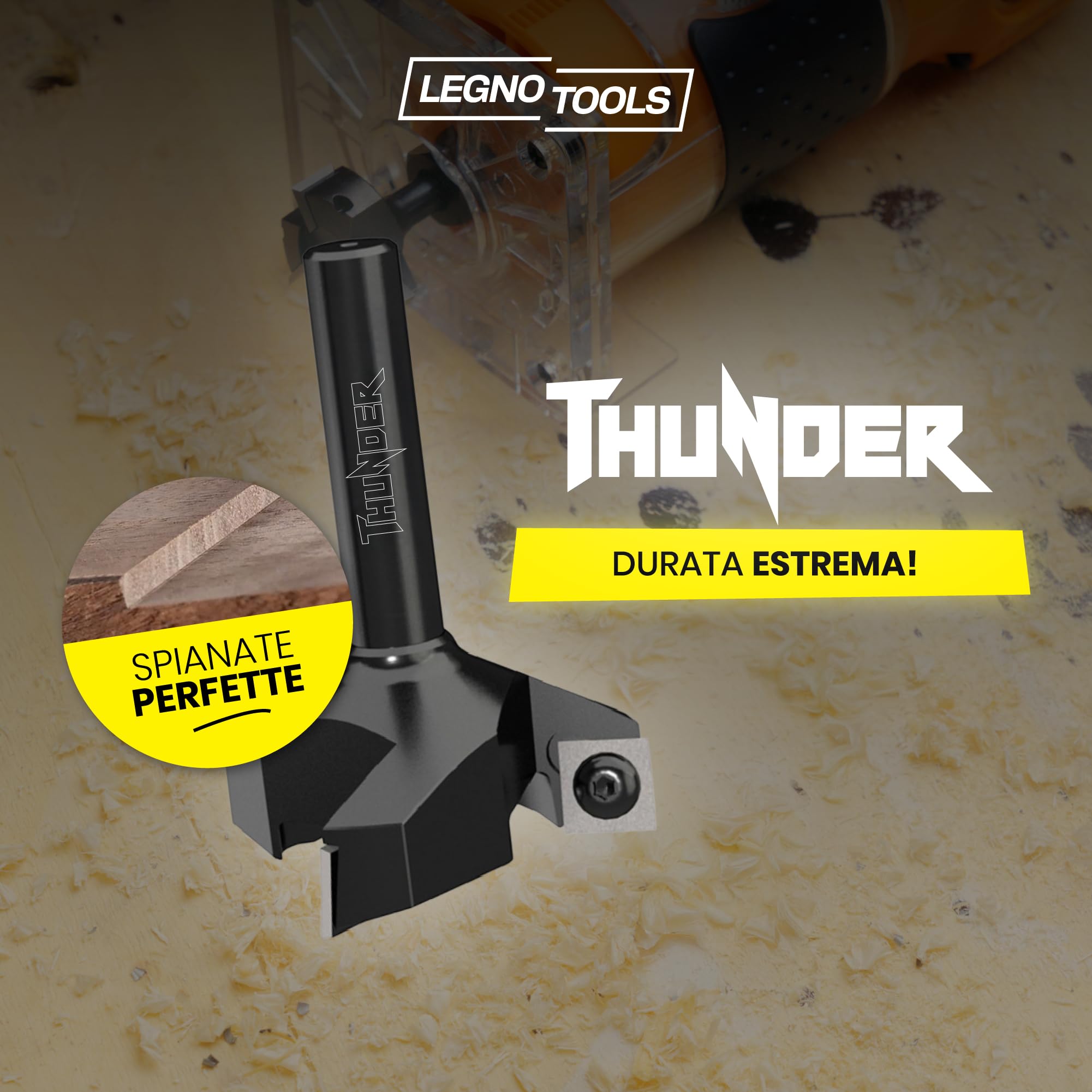 LegnoTools Thunder – Fresa per spianare legno diametro 35 mm, gambo 8 mm, con 3 inserti intercambiabili in metallo duro 10.5 mm – per livellare, bordi e scanalature – per CNC e fresatrice verticale