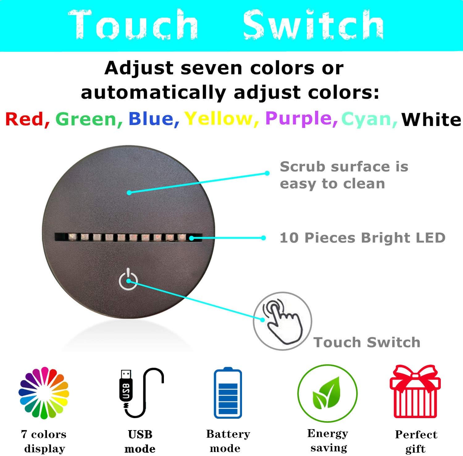 i-CHONY Owl Gift 3D Illusion Night Light Birthday Gift Lamp 7 Colors Gradual Change Touch Switch Table Desk LED Light with USB Cable & ABS Base Gift for Women Teens Girls Boys Kids