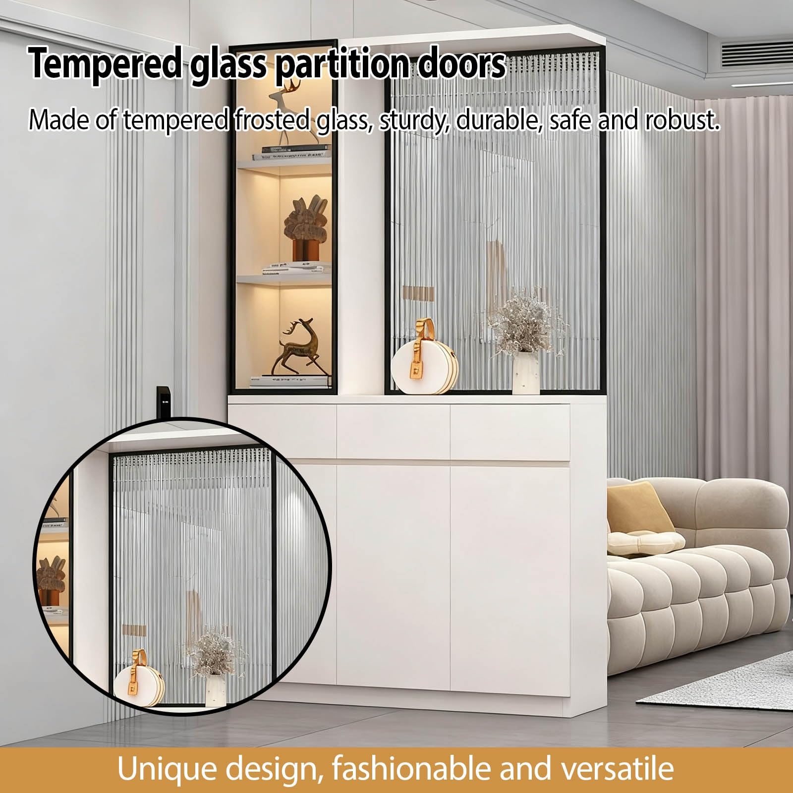 Colonne de séparation de 200 cm de Haut avec Verre trempé Opaque, cloison Murale en Bois du Sol au Plafond avec Espace de Rangement, aux entrées, aux Bureaux et Autres lieux.(A,80cm/31.5in)