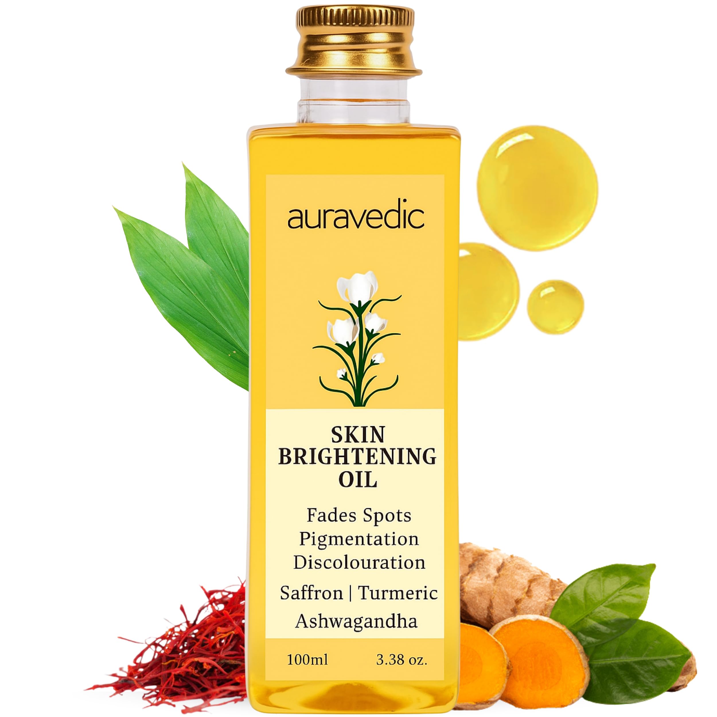 Auravedic Skin Oil for Radiant Skin | Face Massage Oil with Turmeric, Saffron & Ashwagandha | Suits Oily, Dry & All Skin Types | Organic & Natural | 3.38 Fl Oz (100ml)