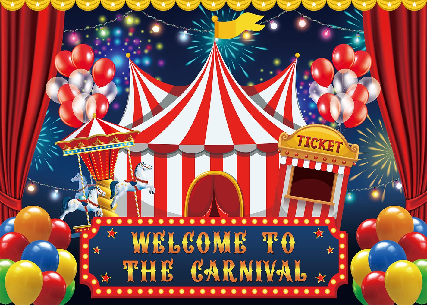 PGSWEER 10x8ft Carnival Circus Party Backdrop Decor Circus Tent Carousel Ticket Booth Background Child Kid Boy Baby 1st Birthday Carnival Banner Photo Props Supplies