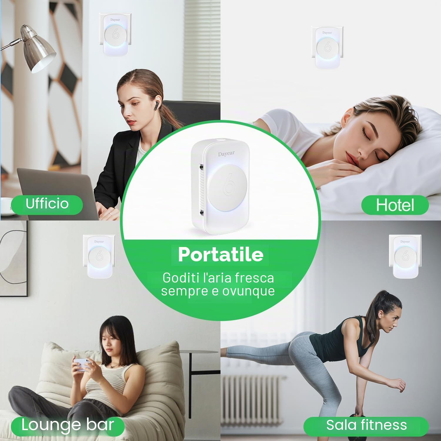 3 purificatore d'aria, Dayear Plug In Negativo, Purificatore d'aria ionizzatore, per ufficio, stanza, bagno, animali domestici/3 modalità di luce LED