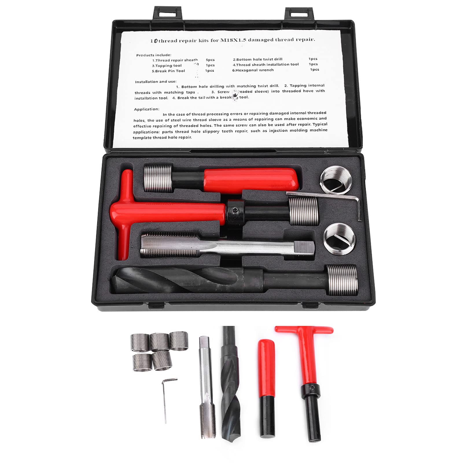10Pcs M18x1.5 Kit di attrezzi per la riparazione della filettatura, kit di riparazione Helicoil con inserto filettato in acciaio inossidabile