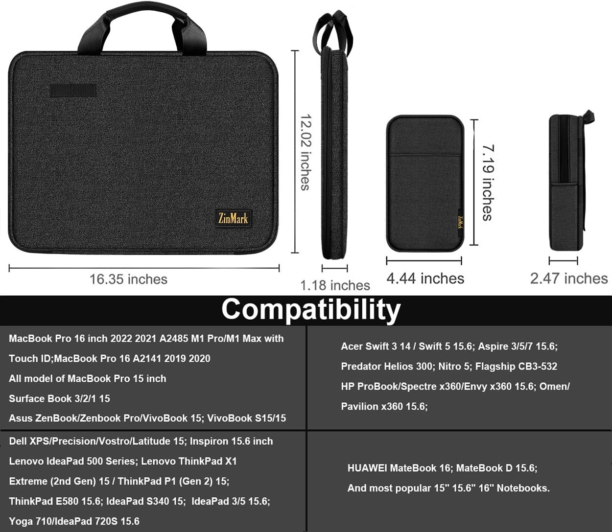 Laptop Case 15.6 Inch Briefcase Military-Grade Protection with Detachable Belt Bag, Compatible All Model of 15-16 Inch MacBook Pro and Most Popular 15.6 Inch Notebooks Chromebooks (Black) - Image 3