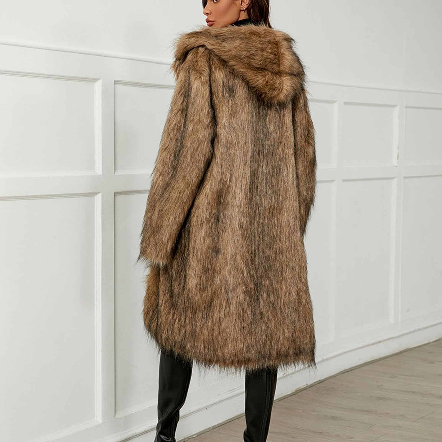 Womens Long Faux Fur Coat 2025 Winter Oversized Fluffy Luxury Long Sleeve Open Front Lapel Trench Coats Outerwear