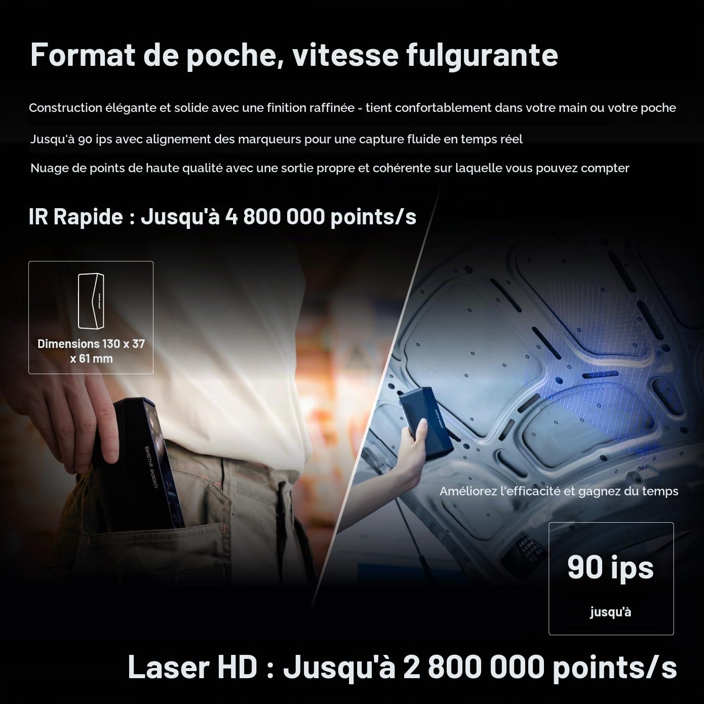 EINSTAR Rockit Scanner 3D sans fil, laser bleu, sans marqueur, infrarouge