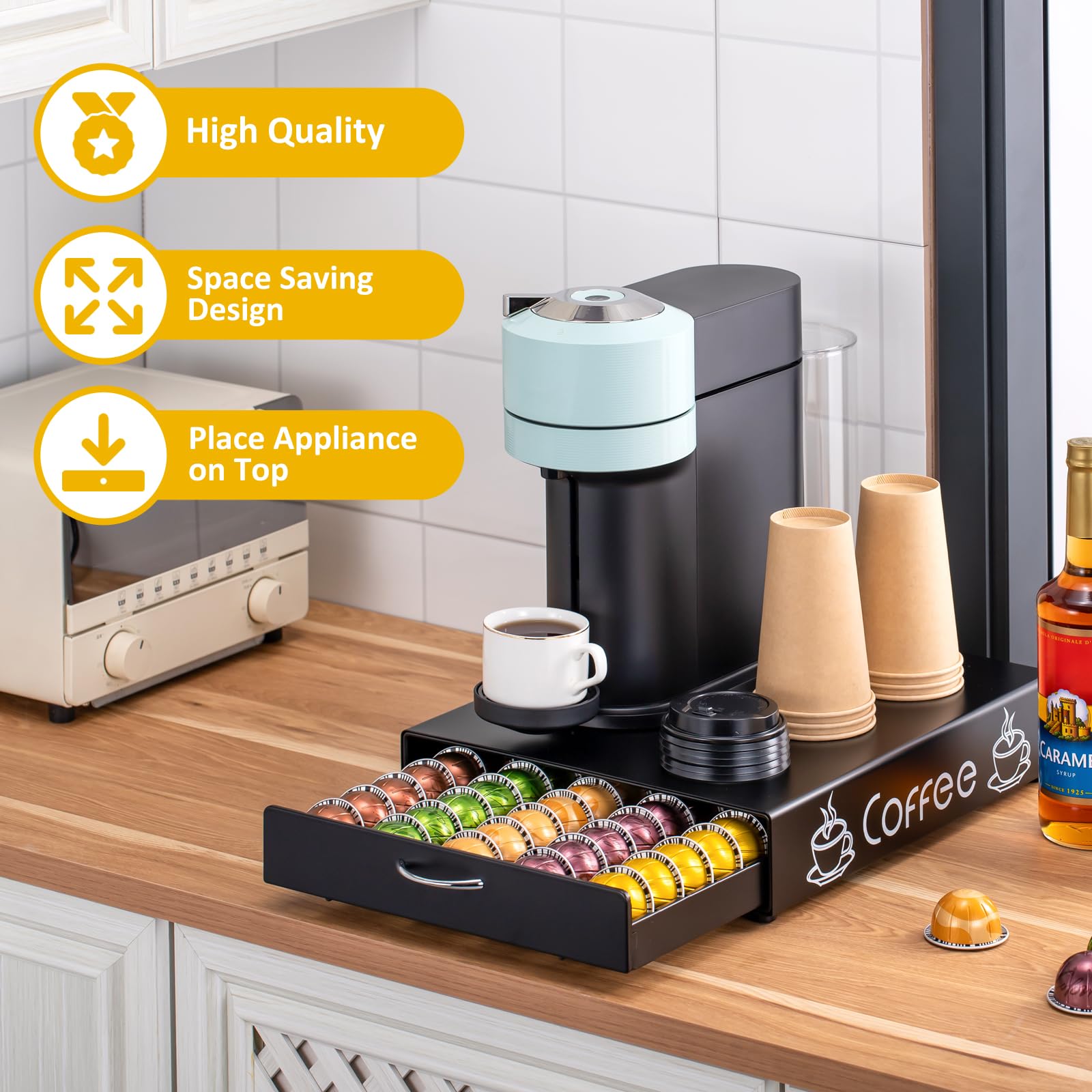 Nespresso - Soporte para cápsulas Vertuo, 50 cápsulas, 13 pulgadas de ancho | Diseño extraíble suave con base antideslizante, negro mate, ahorra espacio en la encimera