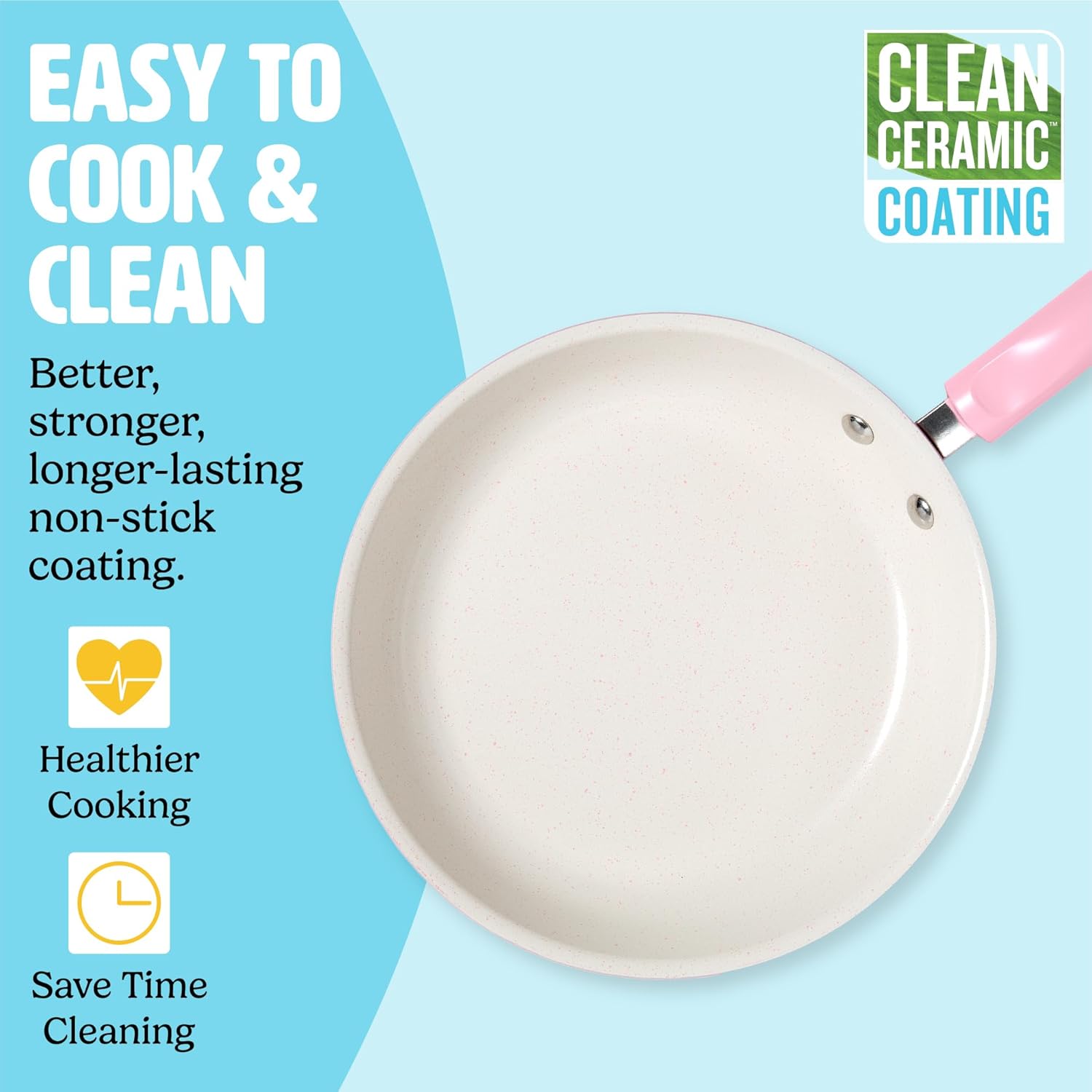 Tasty Clean Ceramic Non-Stick Aluminum Cookware Set, Tempered Glass Lid, Dishwasher Safe, 16-Piece, Pink