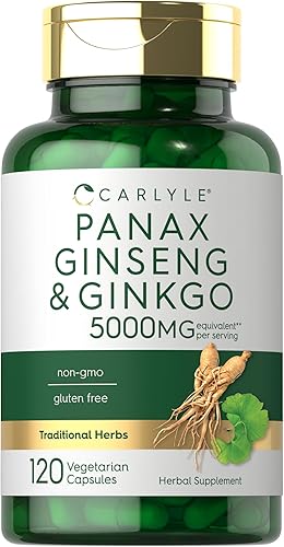 Carlyle Panax Ginseng + Ginkgo Biloba 120 cápsulas vegetarianas 5,000 mg Suplemento vegetariano, sin OMG y sin gluten
