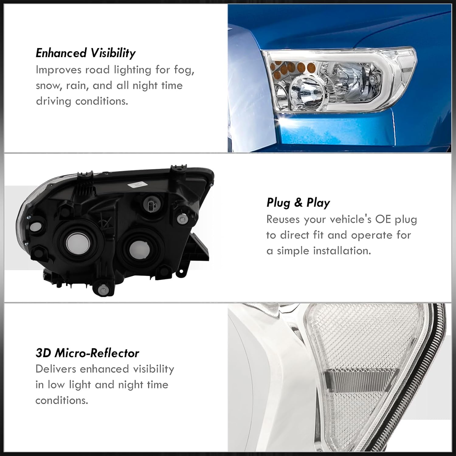 AJP Distributors LED DRL Tube Bar Driving Bumper Headlights + LED Signal Lamps Assembly Left Right Compatible/Replacement For Tundra Sequoia 07 08 09 10 11 12 13 14 15 16 17