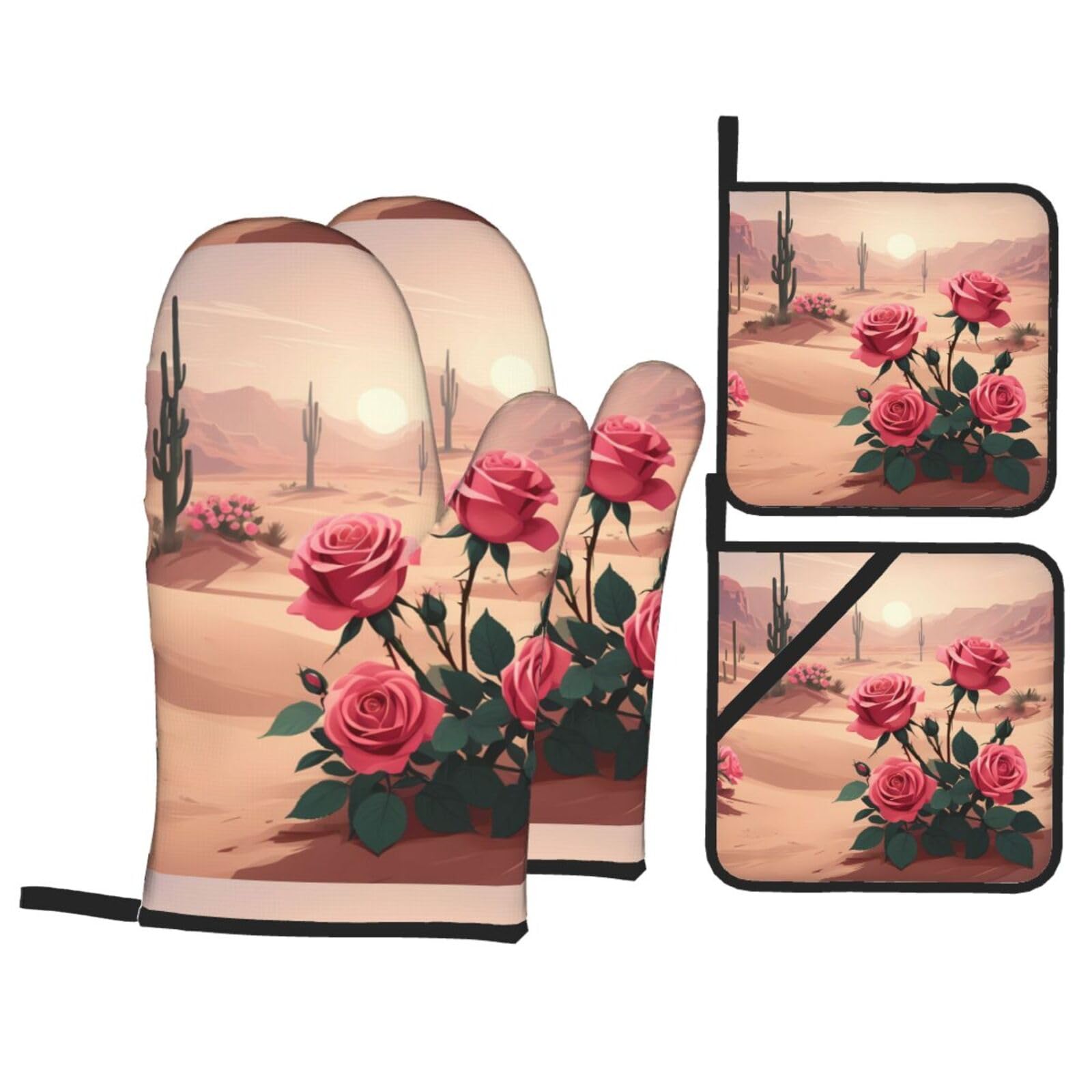 HJFCZH Roses in The Desert Picture Kitchen Baking Set of 4 Thick Insulated Oven Mitt & Pot Holders, Anti-Scalding for Microwave, Oven, Outdoor BBQ