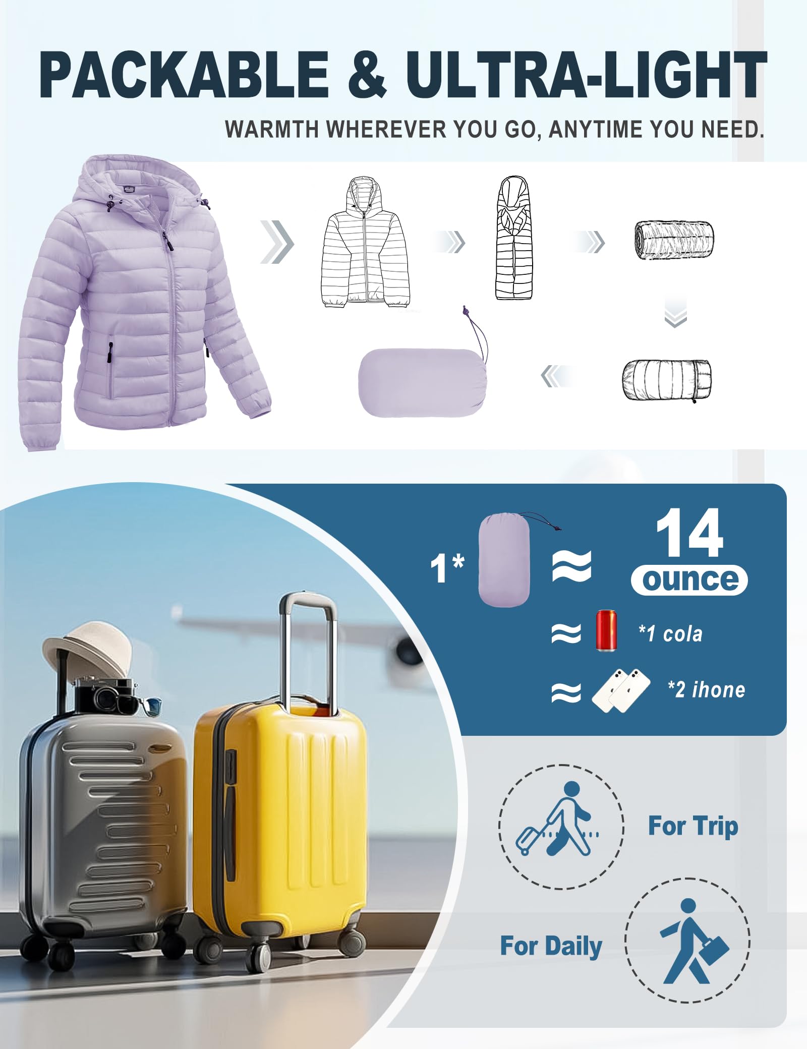 Women's Lightweight Packable Puffer Jacket Quilted Insulated Warm Winter Coat Full-Zip Hooded Outerwear for Hiking Travel