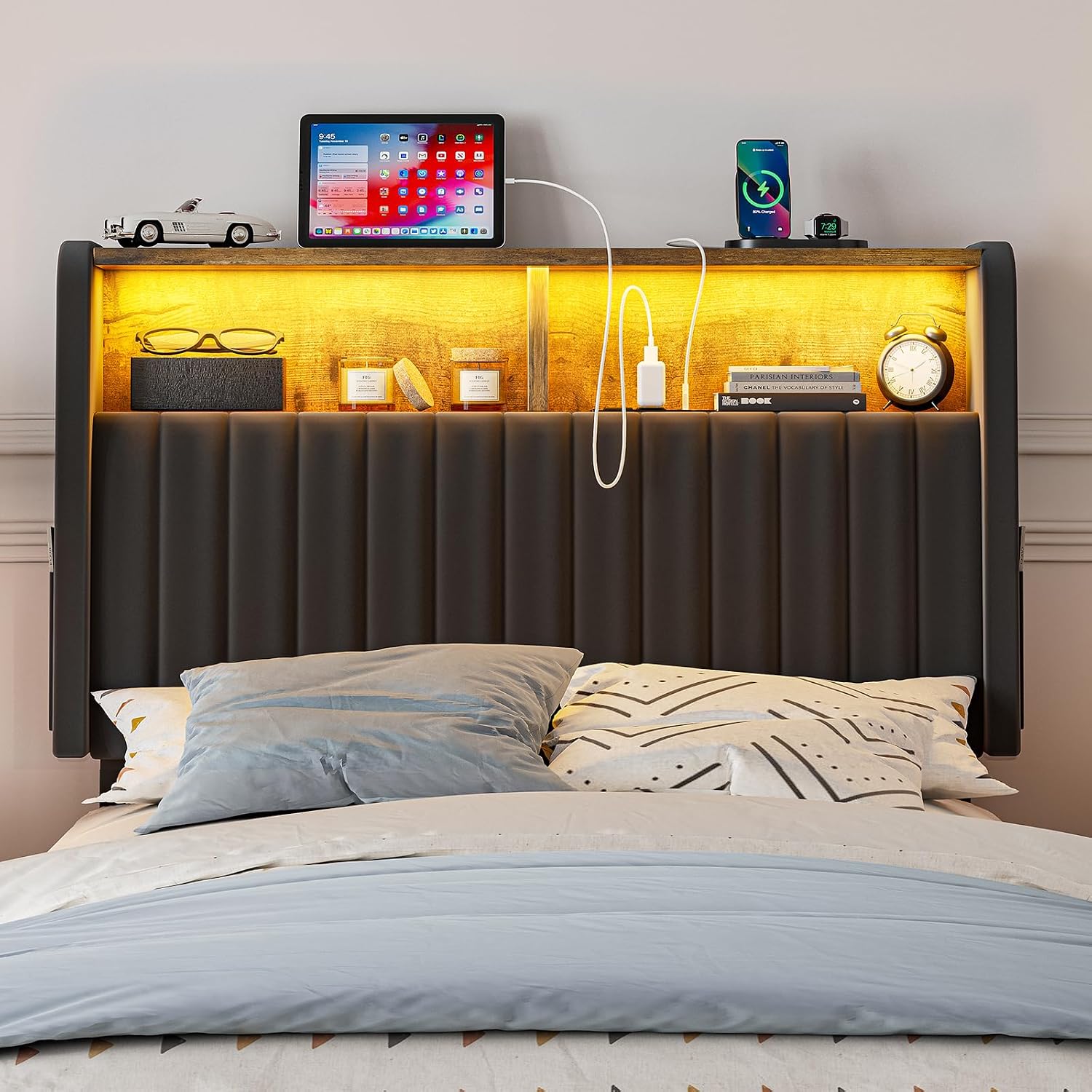 IKIFLY Twin/Twin XL Size Headboard Only with Storage, Adjustable Height, Velvet Upholstered Head Board with LED Lights & Charging Station, Modern Freestanding Headboard, Easy Assembly, Black