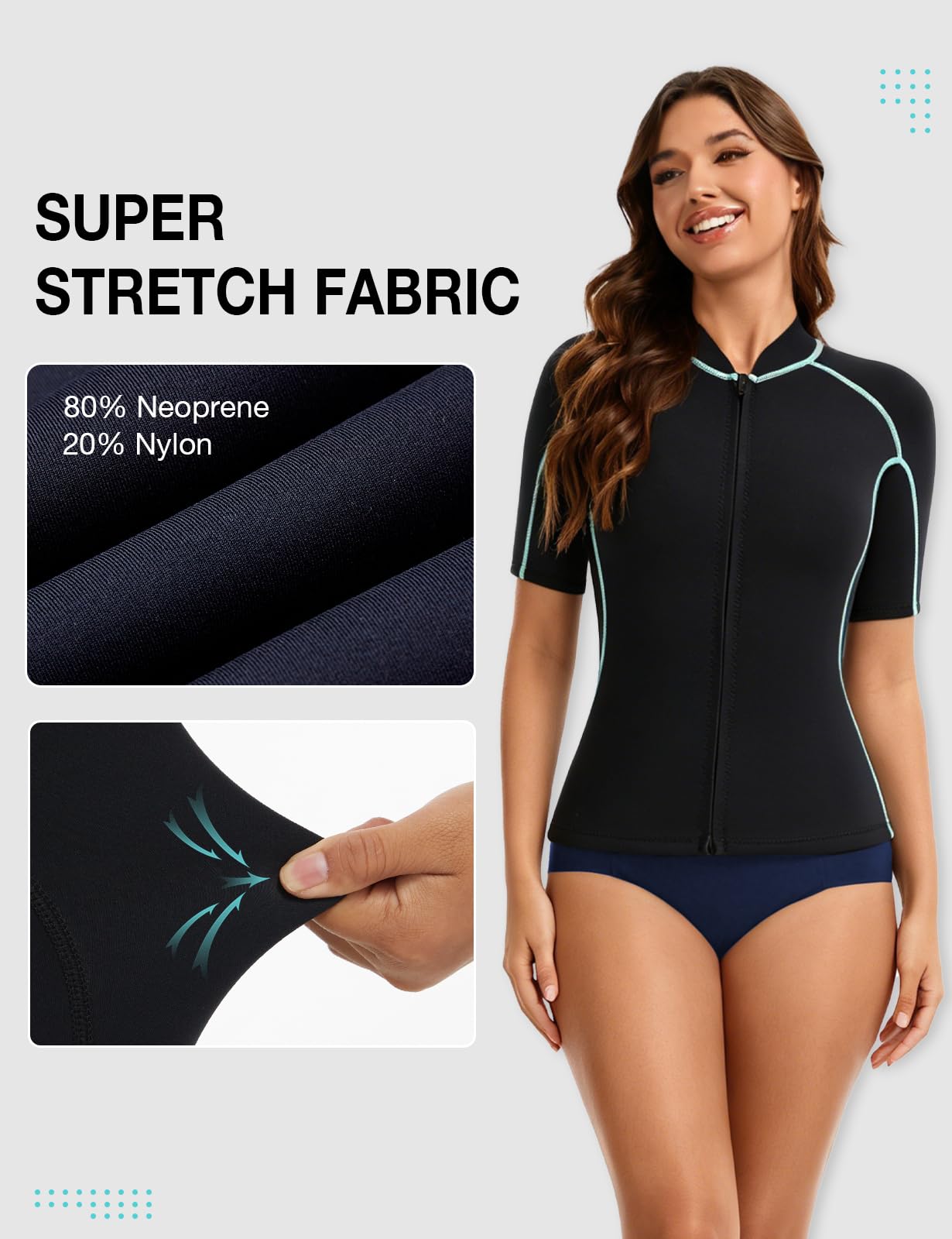 Lemorecn Traje de neopreno de manga corta para mujer, 2 mm, cremallera frontal, chaqueta de neopreno súper elástica para buceo, kayak, surf, natación