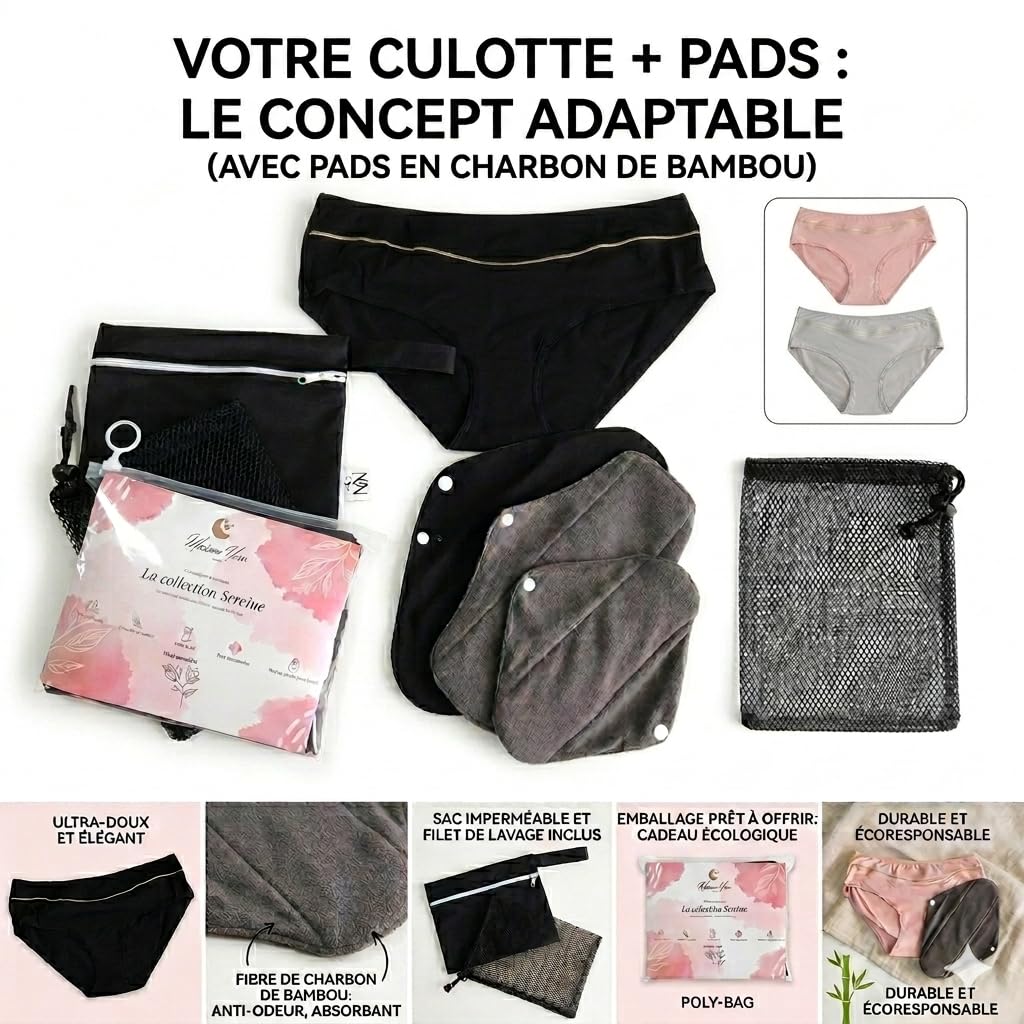 Générique kit Complet Serviettes hygiéniques Lavable/réutilisables en Fibre de Bambou+Culotte+Sac imperméable et Filet de Lavage Inclus