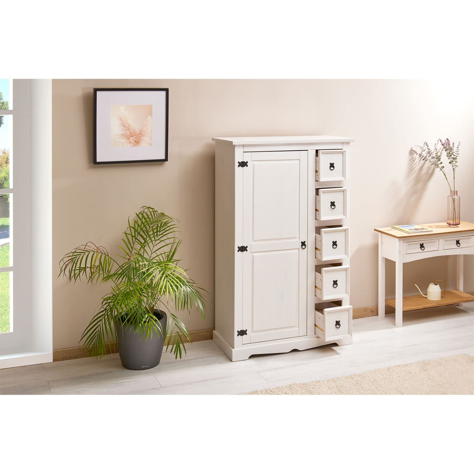 IDIMEX Buffet Salle à Manger apothicaire Tequila L 95 cm en Bois Massif Blanc avec 1 Porte battante et 5 tiroirs spacieux, Style Mexicain, Meuble de Rangement, Structure Robuste et Finition élégante