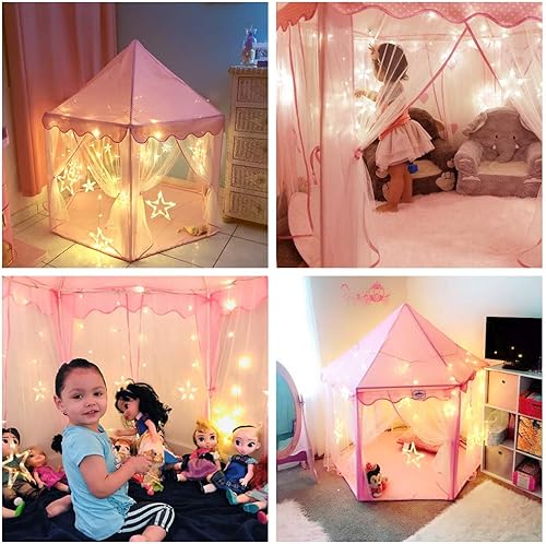 Miniatura 4 de Sumbababy - Tienda de campaña de castillo de princesa para niñas, tienda de campaña hexagonal, casa de juegos con grandes luces de estrella