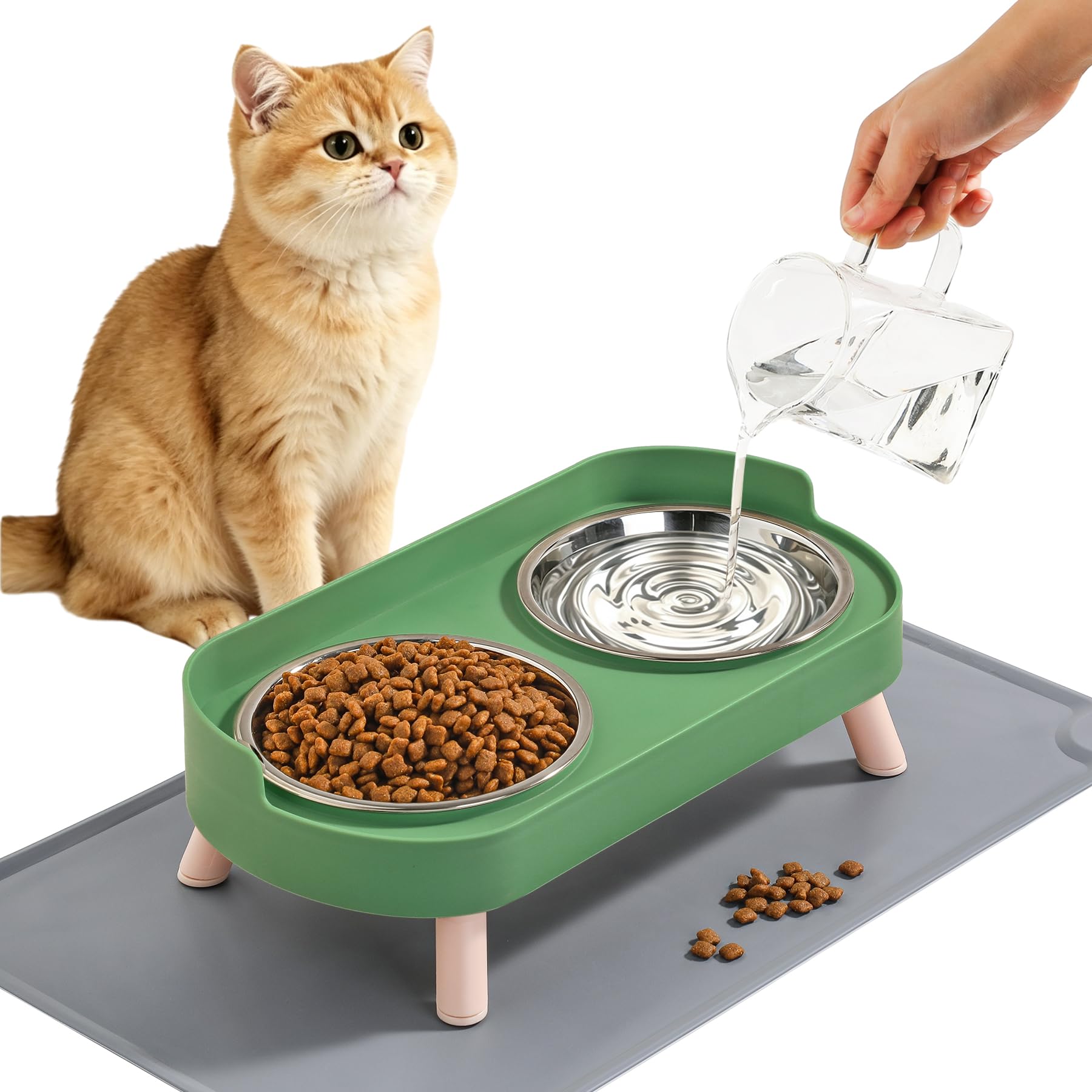 LoeJan Elevated Cat Bowls Set - Raised Cat Food and Water Bowl Set with Non Slip Stand - Pet Feeding Station with 2 Stainless Steel Bowls with Splash Proof Guard