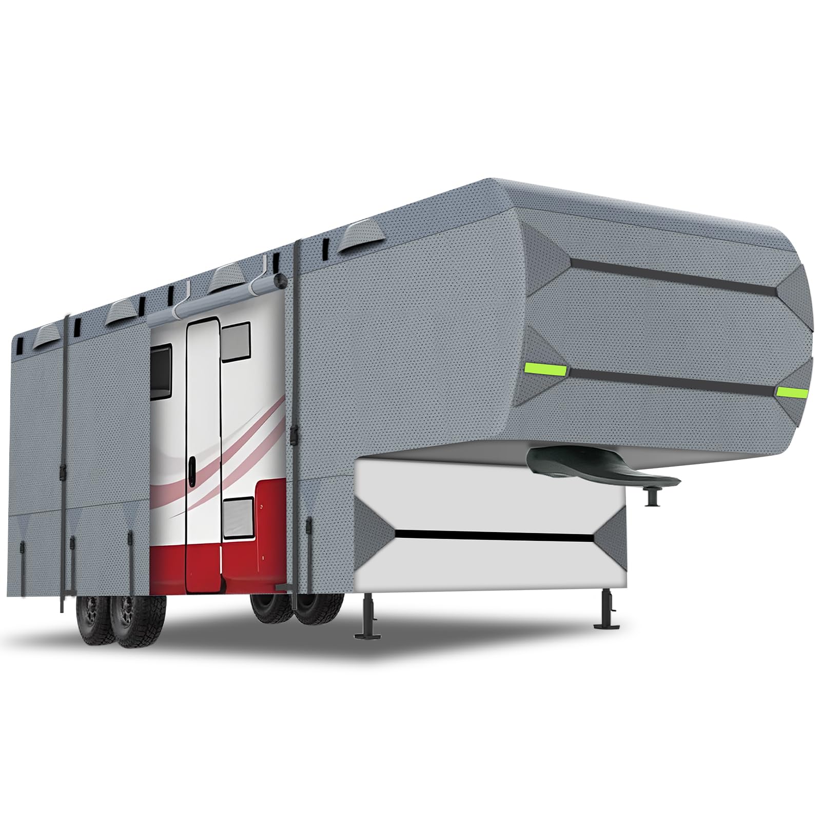26-29ft Heavy Duty RV Cover - 5 Layers Waterproof Rip-Stop Travel Trailer 5th Wheel Camper Covers, Anti-UV Fifth Wheel Cover with 2Pcs Extra Straps & 4 Tire Covers