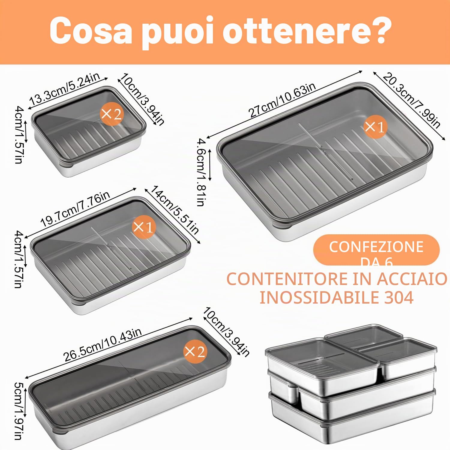 Kongming Porta Formaggio da Frigorifero in acciaio inox 304, senza BPA Formaggiera da Frigo Organizer Con Coperchio per Fette di Pancetta, Affettati, Salumi e Formaggio (6 pezzi)