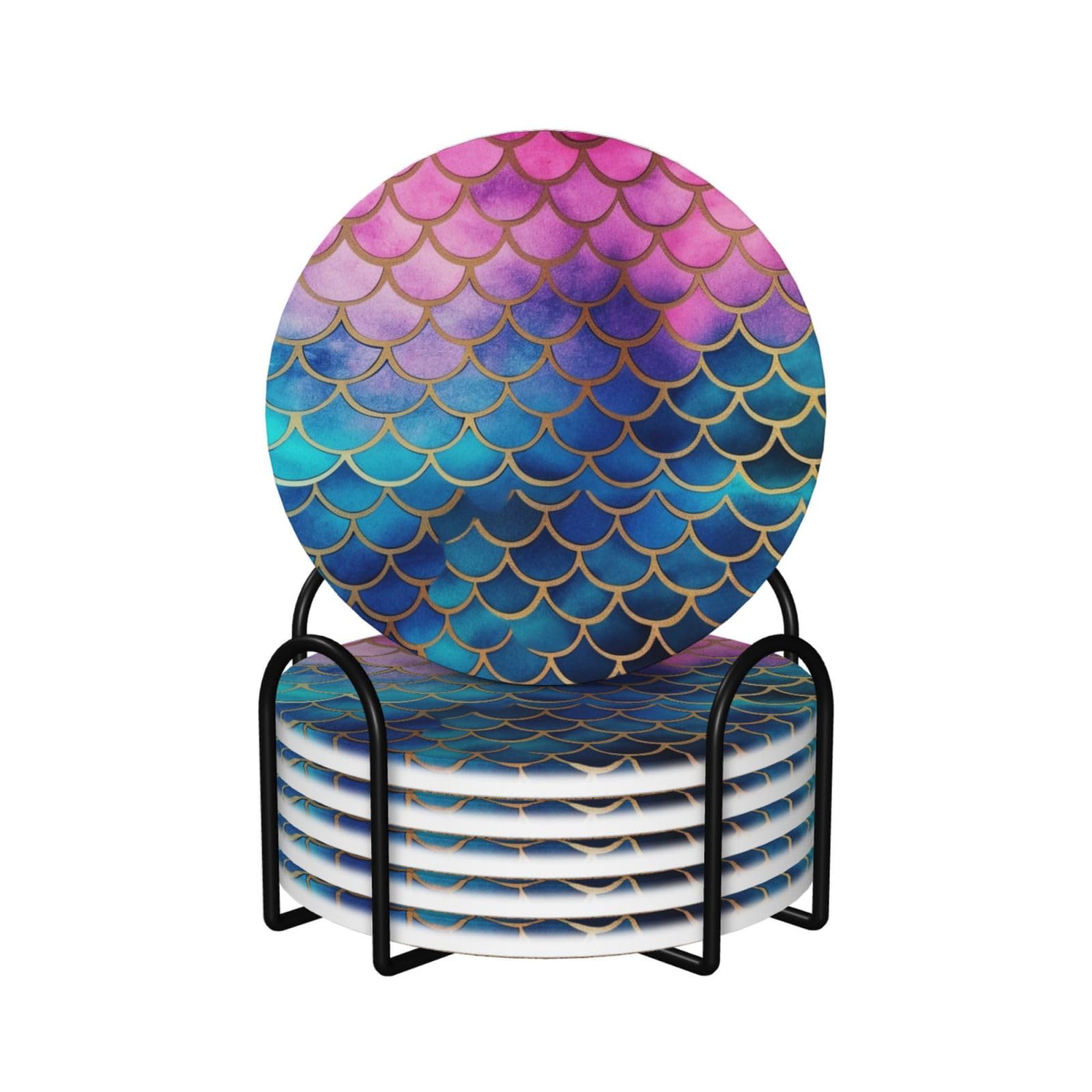 Dessous de verre en céramique sirène avec support métal Lot de 6 pièces pour table