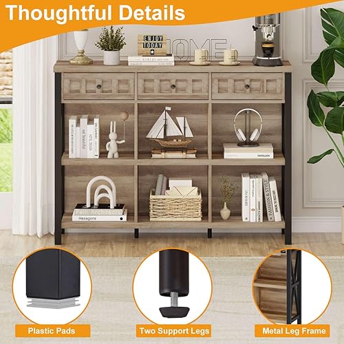 Miniatura 4 de FATORRI Estante organizador de almacenamiento rústico de 6 cubos con 3 cajones, estantería horizontal larga, estantería industrial de madera y metal