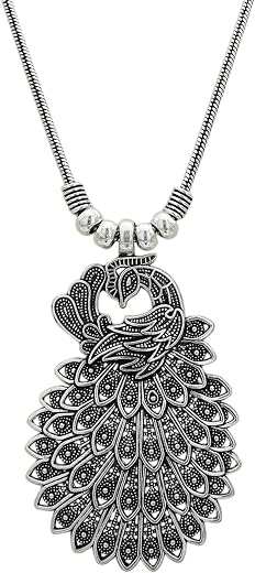 Sasitrends Oxidized German Silver Peacock Pendant Chain Necklace for Women and Girls