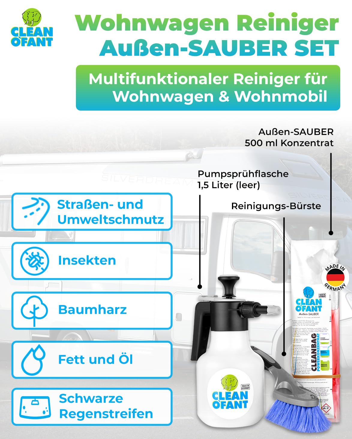 CLEANOFANT Außen-SAUBER SET für Wohnwagen & Wohnmobil - Konzentrat für 5L Reiniger - Entfernt Regenstreifen & Insekten - Inkl. 1,5L Drucksprüher & Bürste - Für GFK, Lack & Acrylglas - Made in Germany