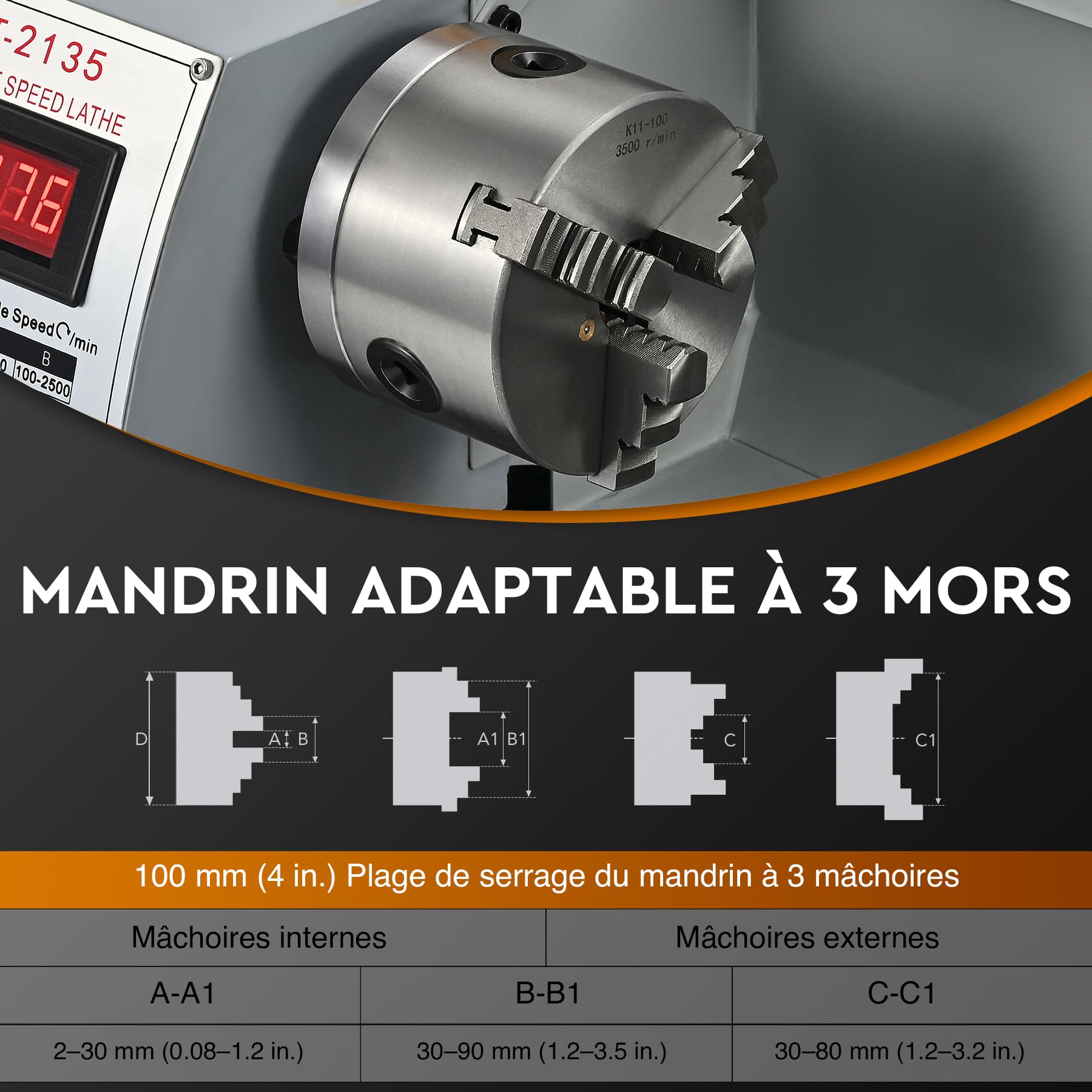 CREWORKS 600W Mini Tour à Métaux d'Établi 21x35 CM avec Mandrin à 3 Mâchoires Vitesse de Broche Max. 2250 tr/min Réglage Progressif pour Filetage Tournage Filetage