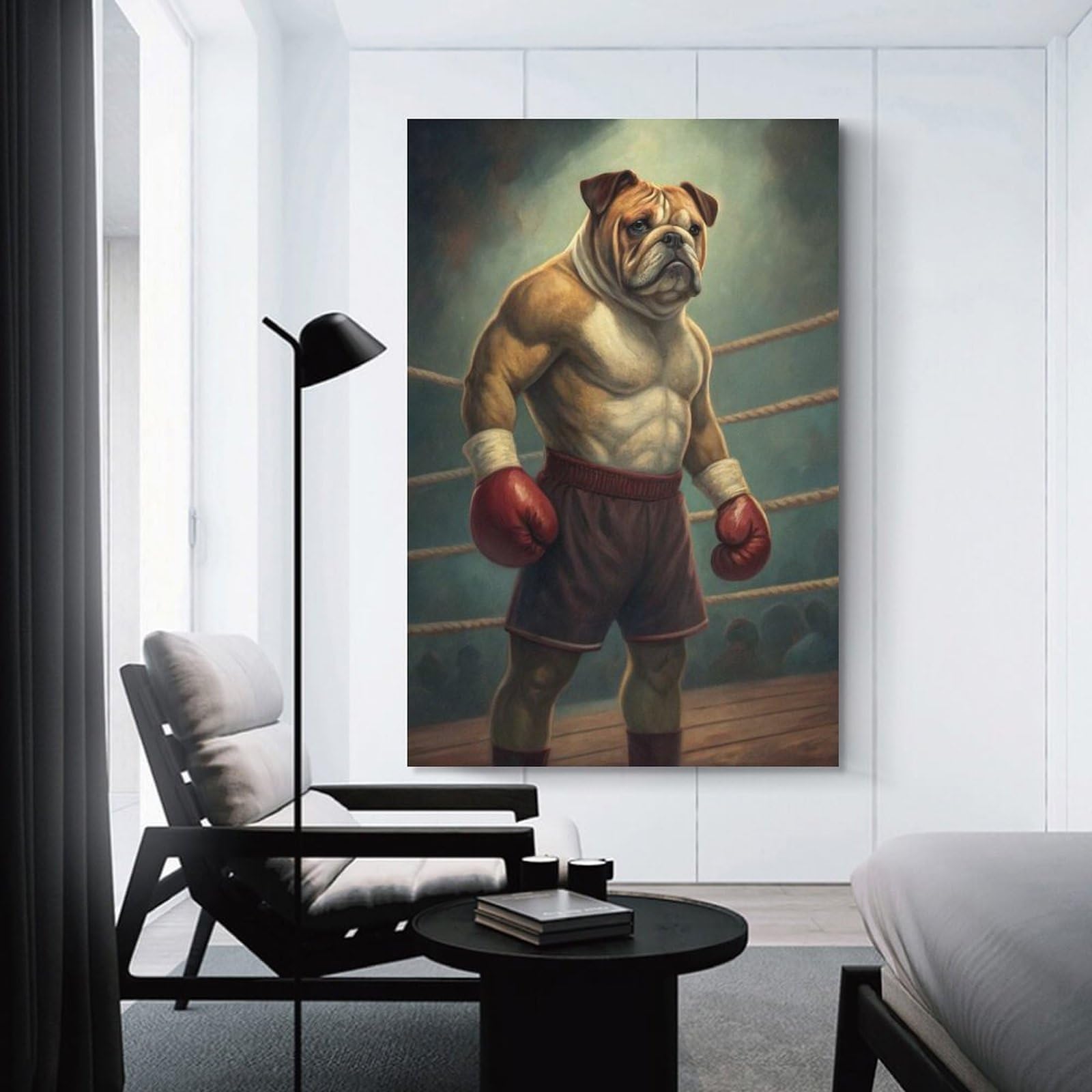 Junmoney Bulldog Boxer in Ring Hanging Wall Art, 24x36inch(60x90cm), for Bedroom, Guest Room Or Reading Nook, Home Artwork with A Soft Interior Feel