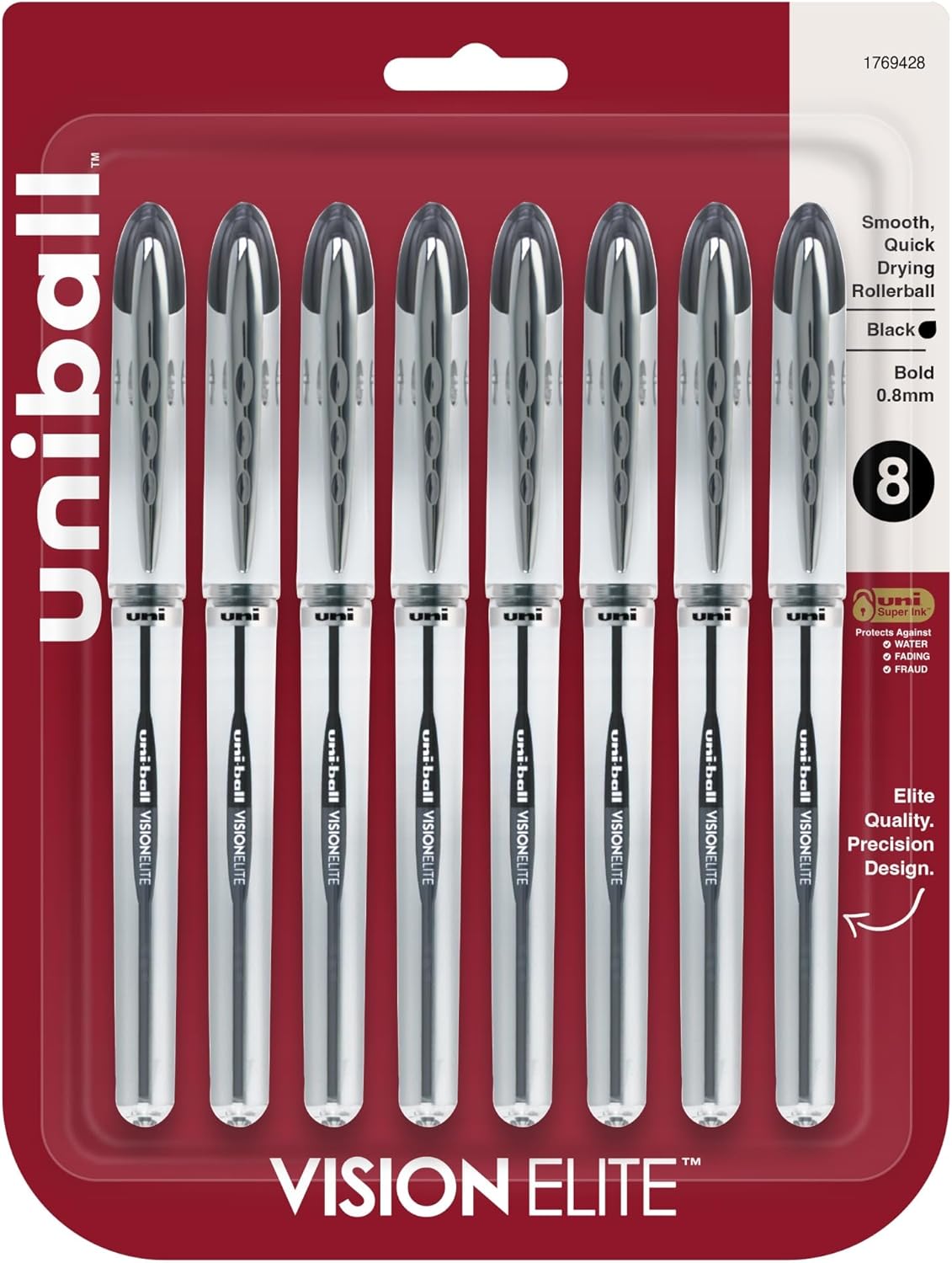 uni-ball® Vision™ Elite™ Liquid Ink Rollerball Pens, Bold Point, 0.8 mm, Silver Barrel, Black Ink, Pack Of 8