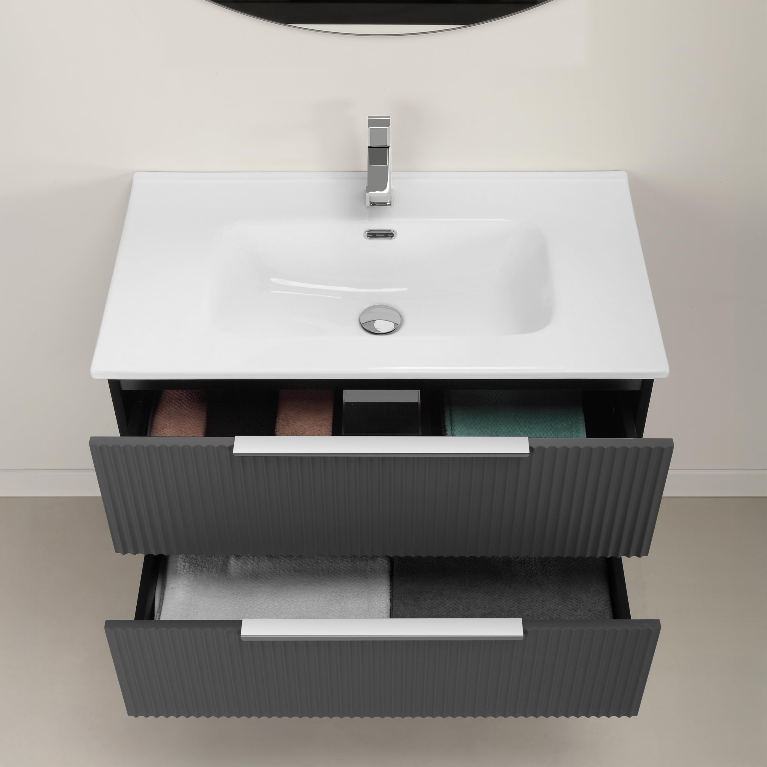 Inbagno Mobile Bagno Sospeso L 80 Cm – Grigio Cannettato E Profili Neri – Con 2 Cassetti Soft Close, Lavabo E Specchio Tondo - Linea Zena