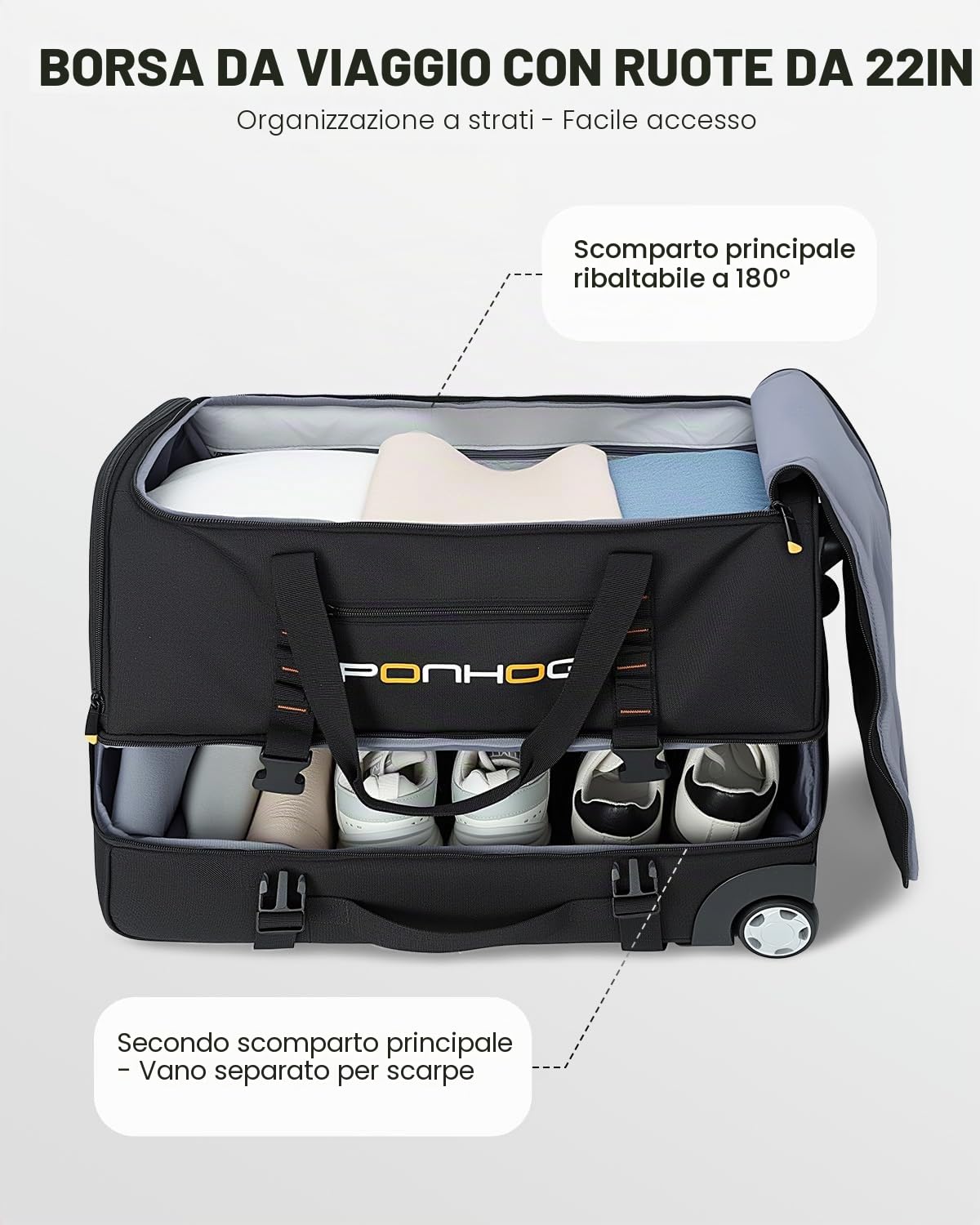 Ponhog Borsone da Viaggio con Ruote - Borsone Trolley con Ruote Impermeabile per Vacanze, 55cm/56cm/65cm
