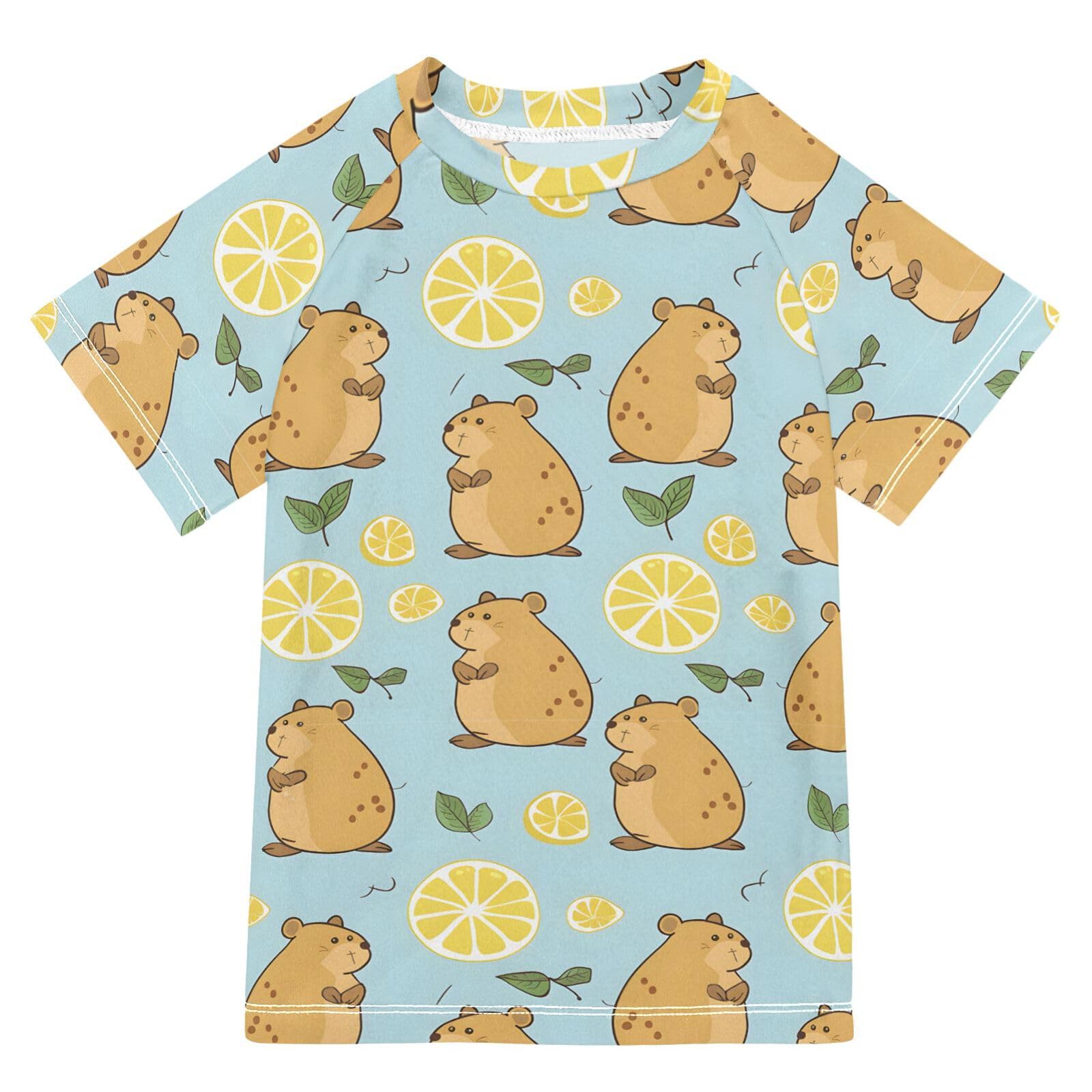 ALAZA Kids Rash Guard Boys Toddler Swim Shirts Short Sleeve Capybara Lemon UPF 50+ 3T