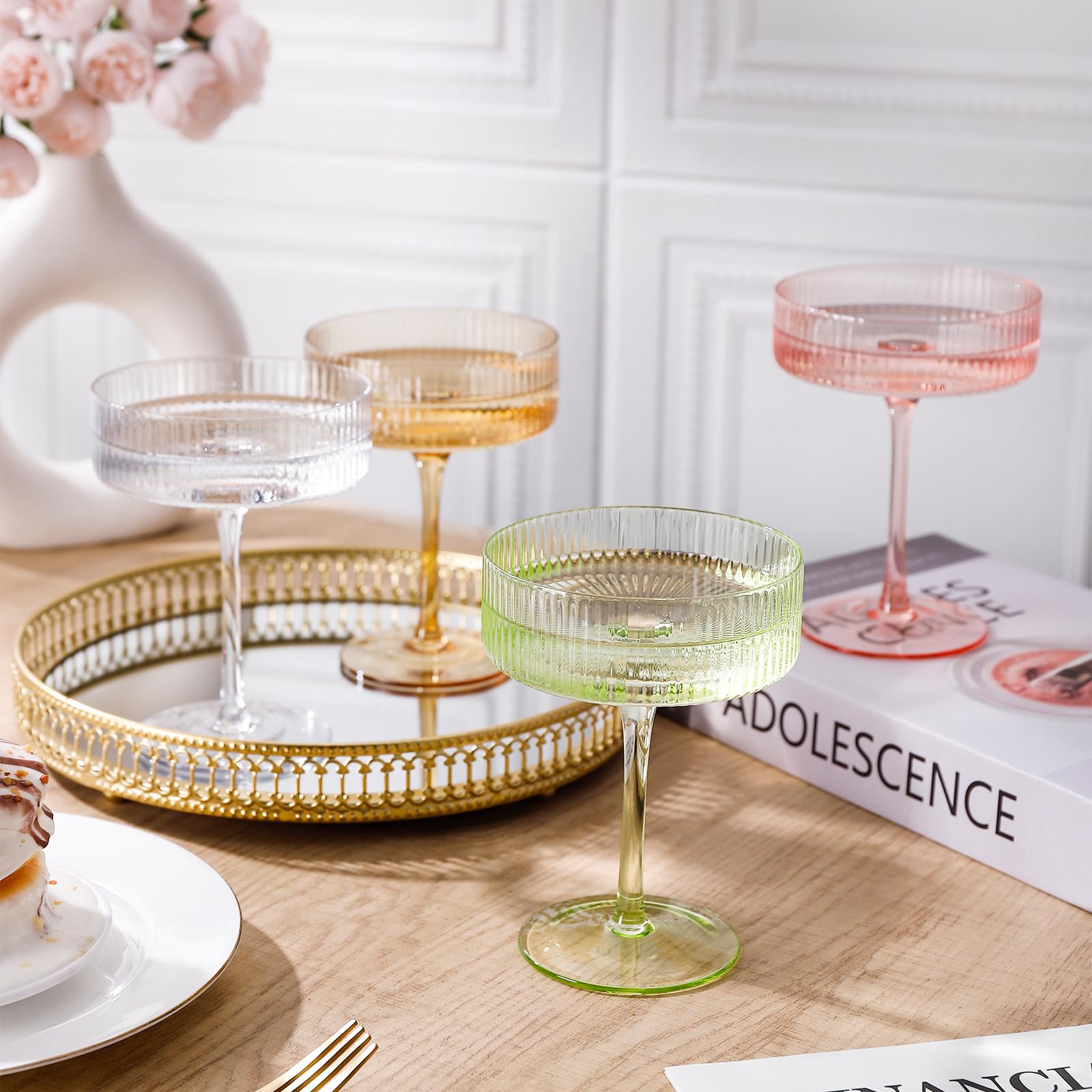 6 Verres à Champagne Martini Vintage - 283.5g, Couleur Rose Et Jaune, Cadeau Pour Femme, Maman, Fête