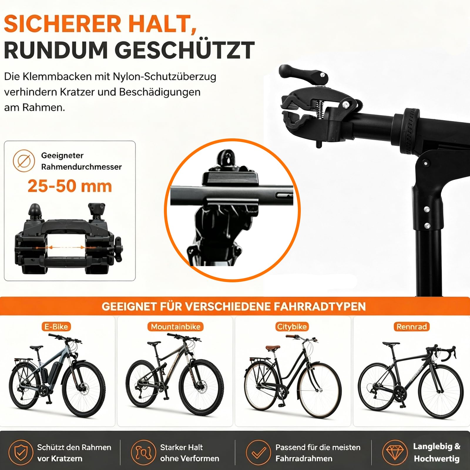 TEOV Fahrrad Montageständer Aluminium, Belastbarkeit 50kg & 360° drehbar, 100-160cm höhenverstellbar, klappbarer Profi-Reparaturständer mit Werkzeugtasche für Ø 2.5~5 cm E-Bike Mountainbike Citybike