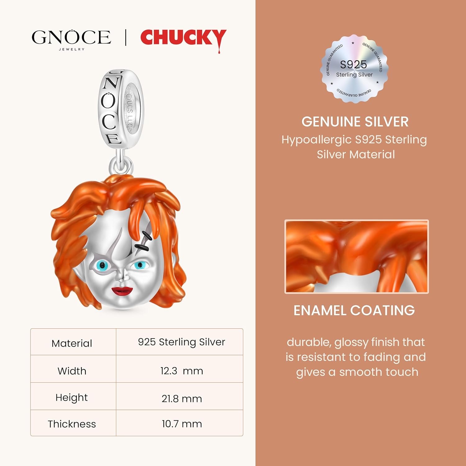 GNOCE Chucky Pendant Dangle Charm Bracelet for Women, S925 Sterling Silver Dangle Charms for Women Wife, Valentine‘s Day, Mother’s Day Jewelry