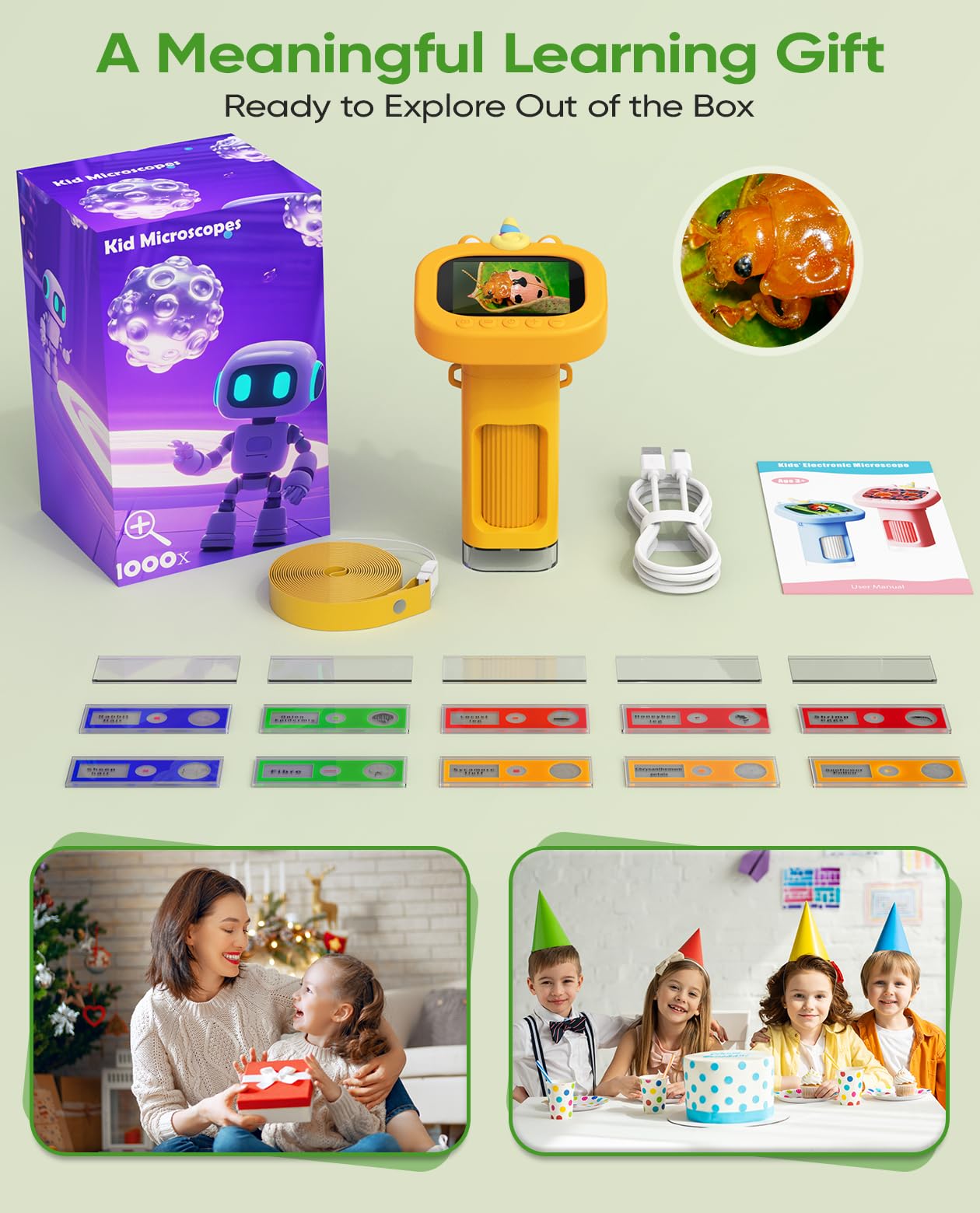 1000X Numérique Microscope Enfant Portable: Microscope de Poche with 2.4" IPS Ecran - Jouets STEM Cadeaux d'anniversaire pour Filles Garçons Enfants - Kits Scientifiques éducatifs de 6 à 10 Ans