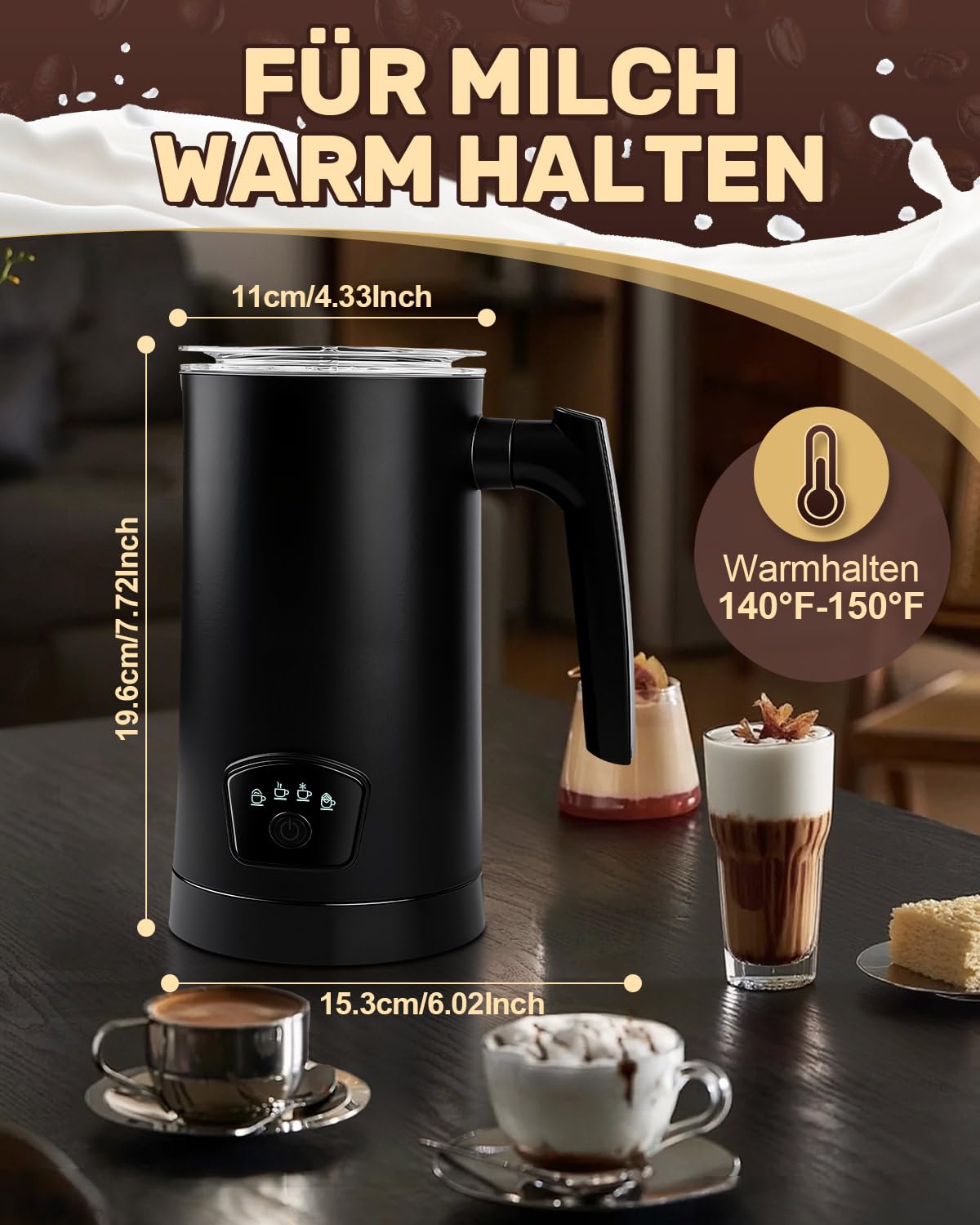 Milchaufschäumer Elektrisch 4-in-1, 400W Elektrische Milchaufschäumer für Heißer und Kalter Milchschaum, Stumm Edelstahl Milcherwärmer mit automatischer Abschaltung, für heiße Schokolade, Cappuccino