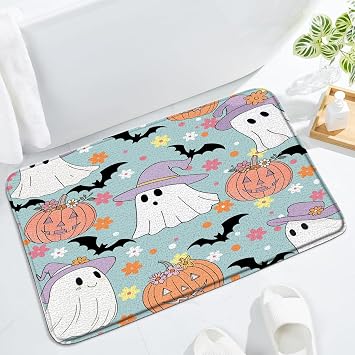 Spooky Halloween Floral Ghost Bath Mat Blue Boho Cute Funny Cartoon Ghost with Wizard Hat Bat Pumpkin Gothic Trick Or Treat Happy Holiday Fabric Bathroom Kitchen Memory Foam Rug,24x36 Inch
