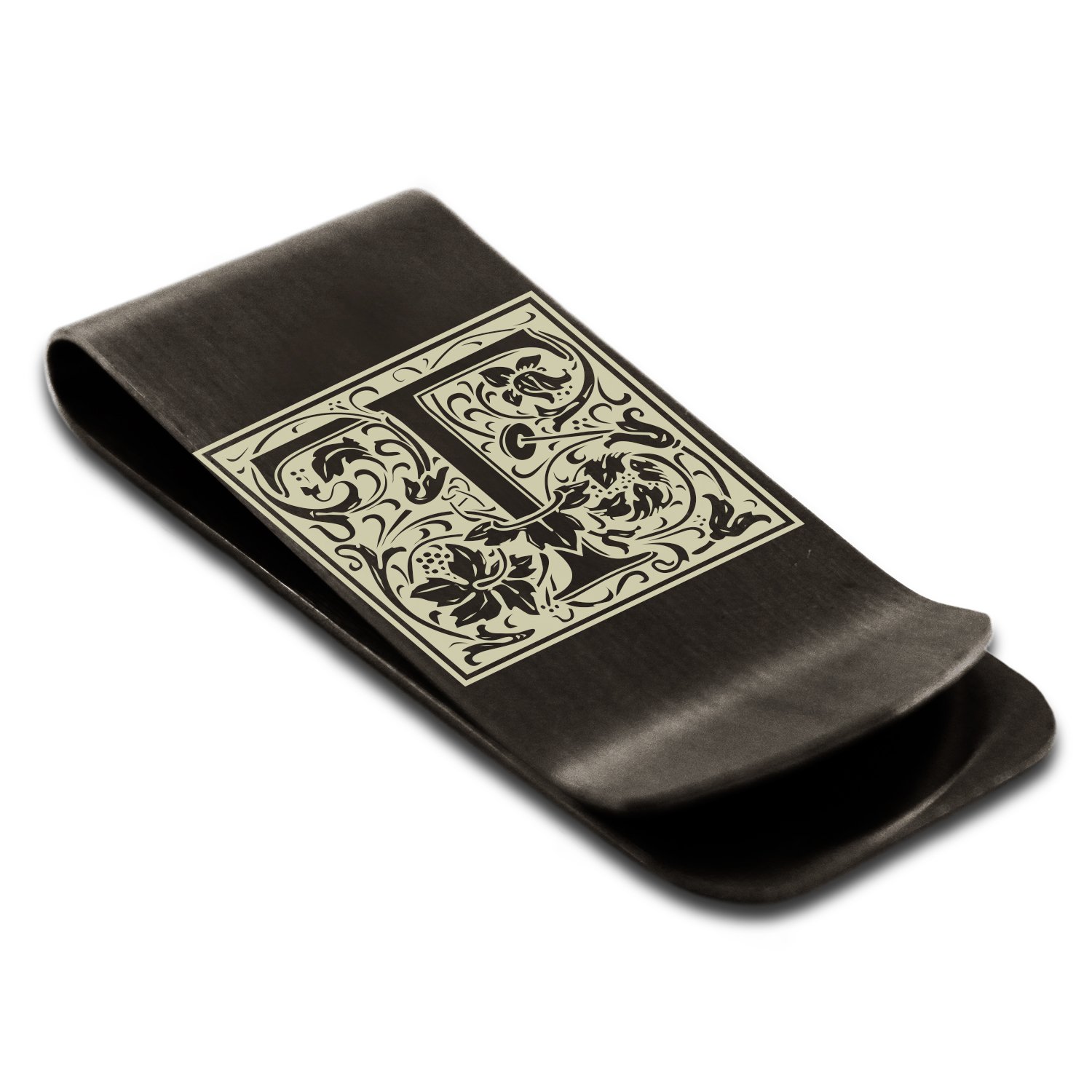 Tioneer Matte Black Stainless Steel Letter T Initial Floral Box Monogram Engraved Money Clip Credit Card Holder
