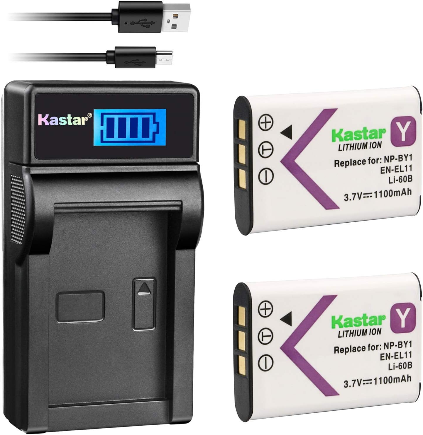 Kastar Battery (X2) & LCD Slim Charger for NP-BY1 EN-EL11 LI-60B DLI-78 DB-L70 DB-80 and Sony Action Cam Mini HDR-AZ1 Nikon Coolpix S550 S560 Olympus FE-370 Optio L50 M50 M60 S1 V20 W60 W80