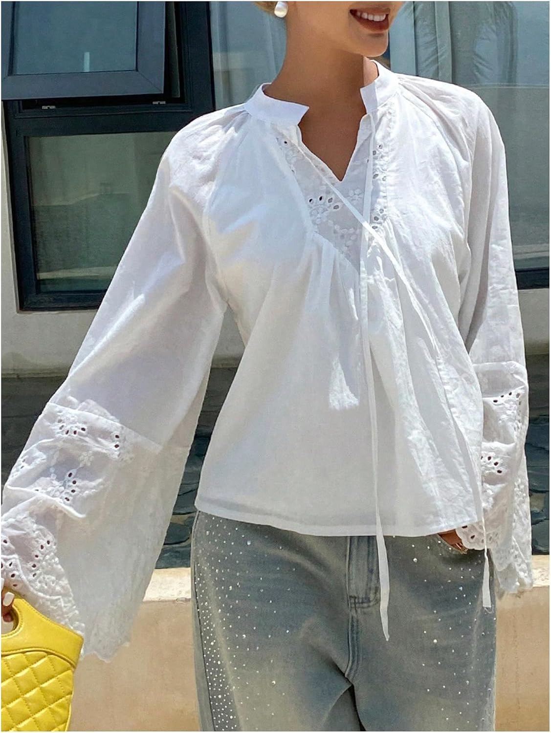 GORGLITTER Women's Bell Long Sleeve Boho Embroidered Peasant Tops Eyelet Blouses Tie Front Flowy Shirts Dressy Casual Outfits - Image 6