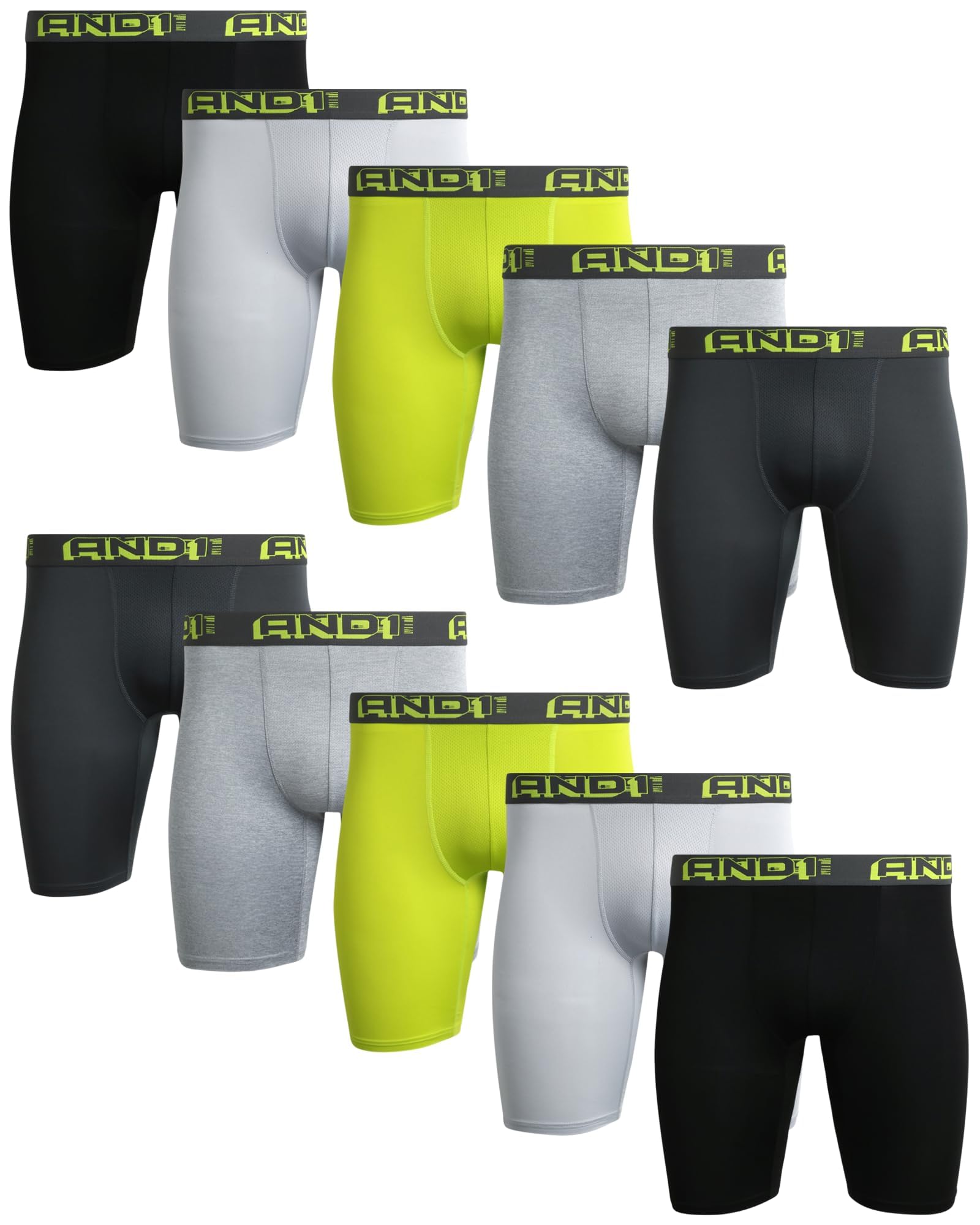 AND1 Mens Boxer Briefs - 10 Pack Performance Stretch Mens Underwear Long Leg Boxers for Men with Contour